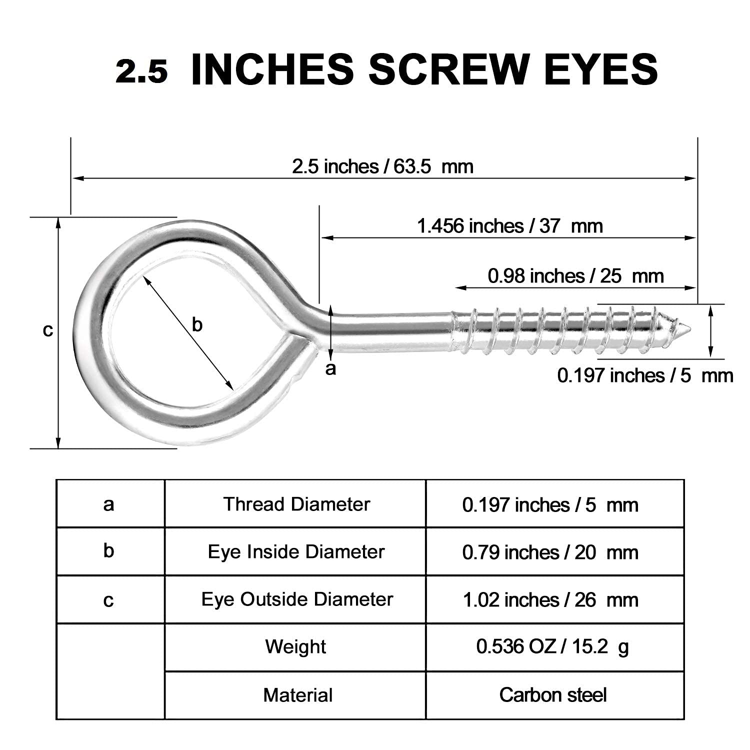 2.5 Inch Heavy Duty 304 Stainless Steel Eye Hooks Screw (10 Pack) - Silver Eye Bolts for Wood, Cable Wires & Secure Hanging - Indoor & Outdoor Use for Hanging Plants, Decor, Lights & More