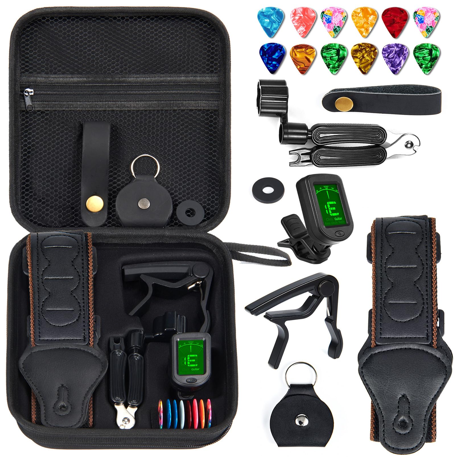 Premium Guitar Accessories Kit - Strap, Capo, Picks, Tuner & String Winder - Perfect Gift for Men & Beginners - Ideal for Practice, Performances & Music Lessons