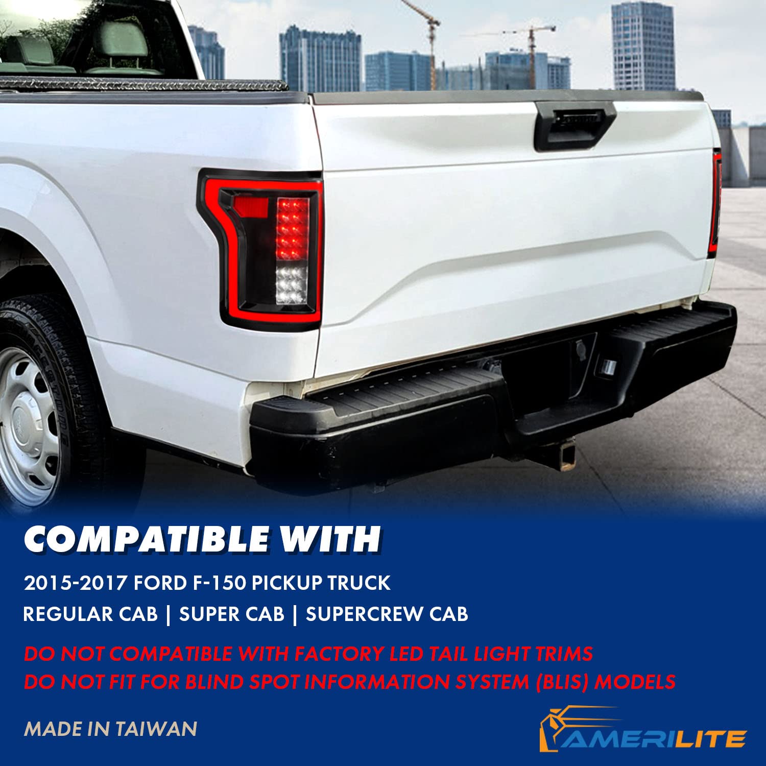 2015-2017 Ford F150 LED Tail Lights - AmeriLite 3D C-Type Dark Black Tube Style Full LED Tail Light Assembly Pair (Driver & Passenger Side) | Enhanced Night Visibility & Modern Look for Your Pickup Truck