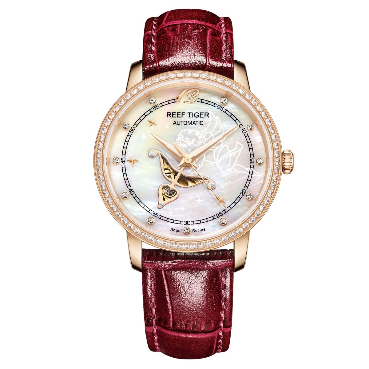 REEF TIGER Luxury Rose Gold Automatic Watch for Women - Genuine Leather Strap, Water Resistant, Elegant Dress Watch (Model RGA1550) | Perfect for Business, Party & Everyday Wear