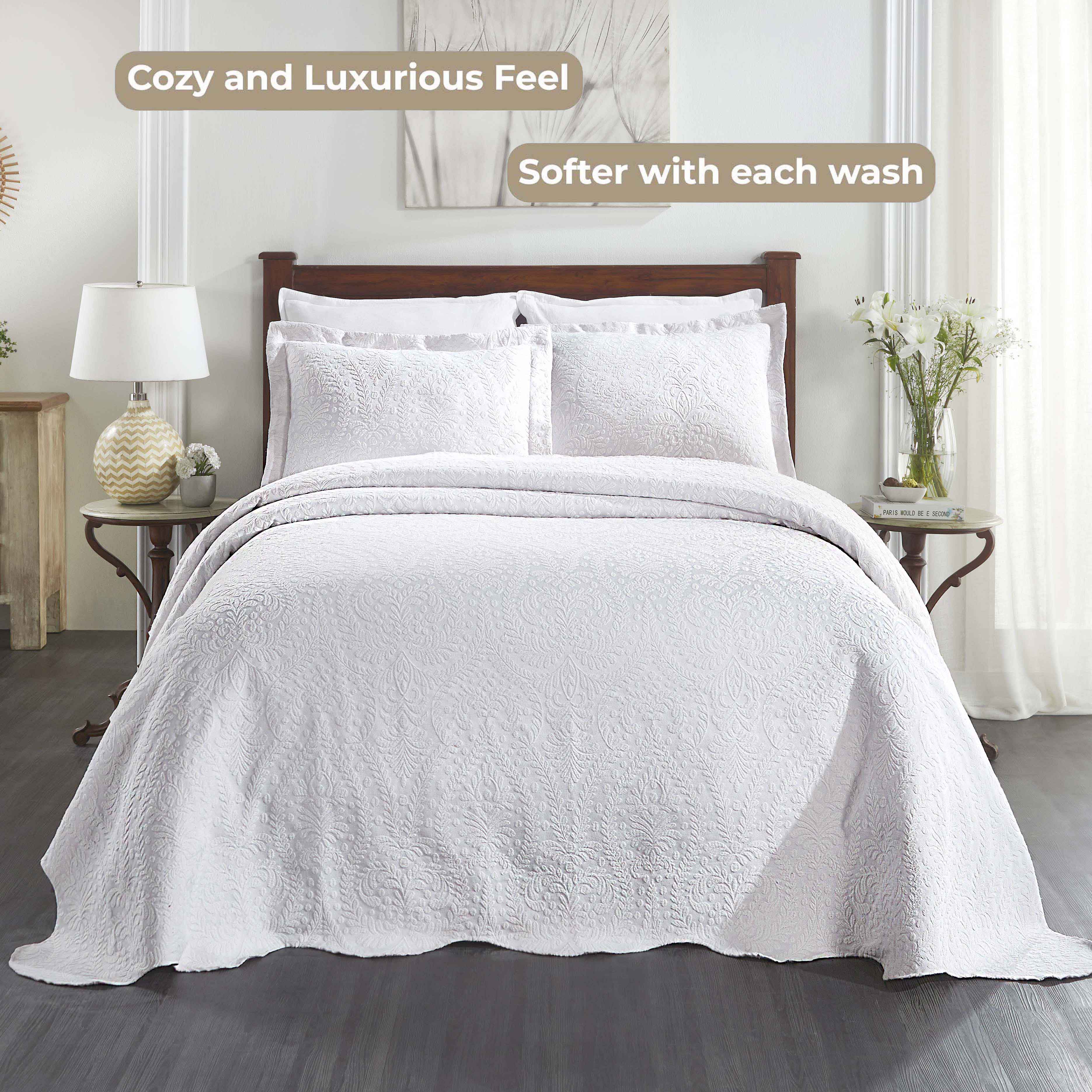 Soft Aspen Cotton Blend Jacquard Woven Floral Bedspread Set with Scalloped Edges - Queen Size Luxury Bedding for Master Bedroom & Guest Room Decor