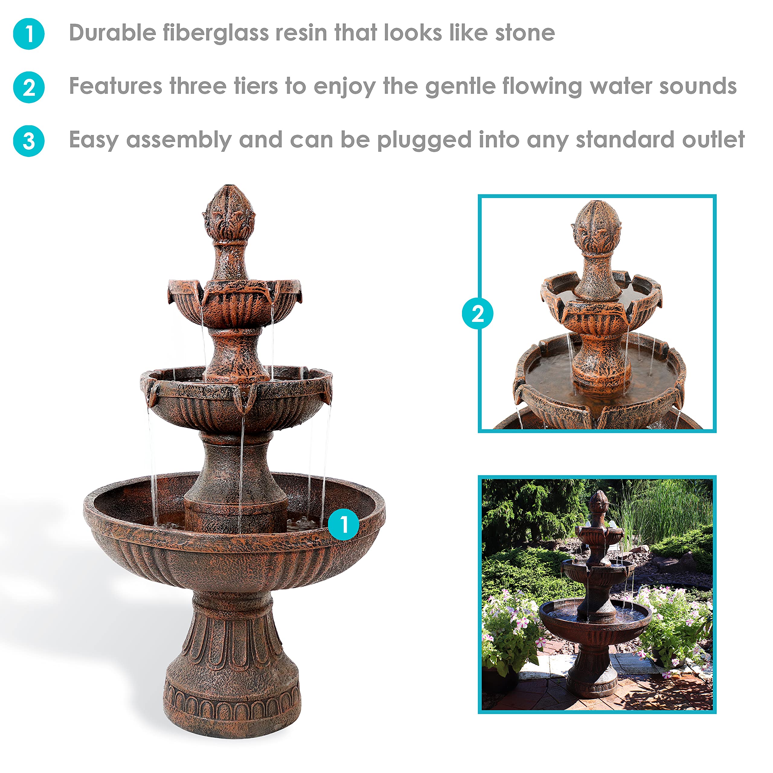 Sunnydaze 43-Inch 3-Tier Electric Water Fountain with Flower Blossom Design - Outdoor Garden Water Feature in Earth Finish - Perfect for Patio, Yard, and Landscape Decor