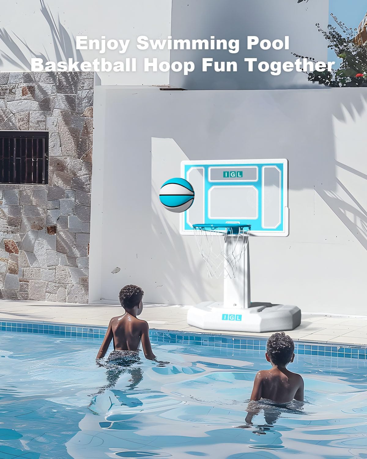 IGL Outdoor Pool Basketball Hoop - Stainless Steel Rim with Double Water Storage Base, Includes 2 Balls & Pump - Perfect for Backyard Pool Games, Summer Parties, and Family Fun Activities