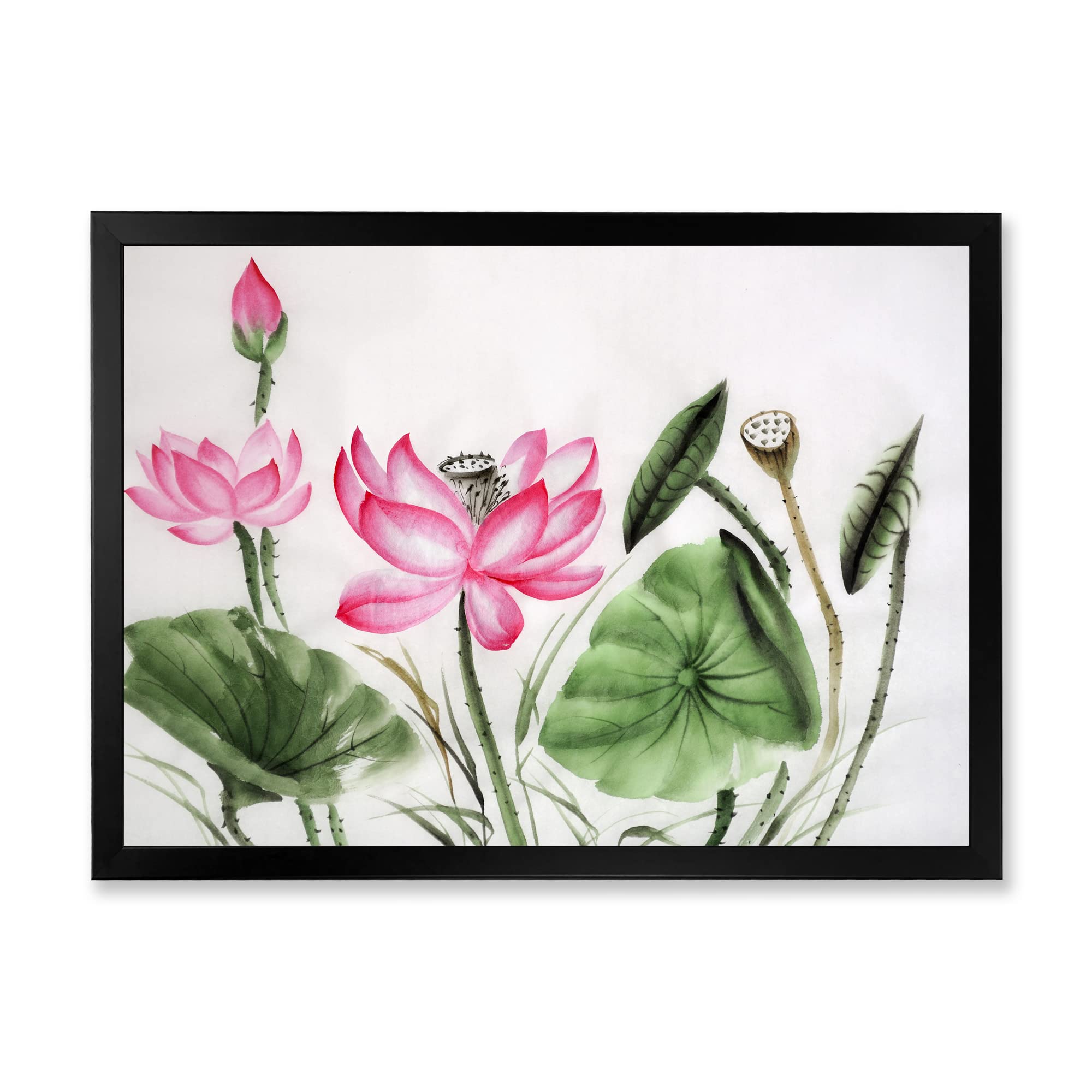 Vintage Pink Lotuses In The Pond II - Traditional Framed Wall Art Decor for Living Room, Bedroom & Office - Asian Inspired Home Decor