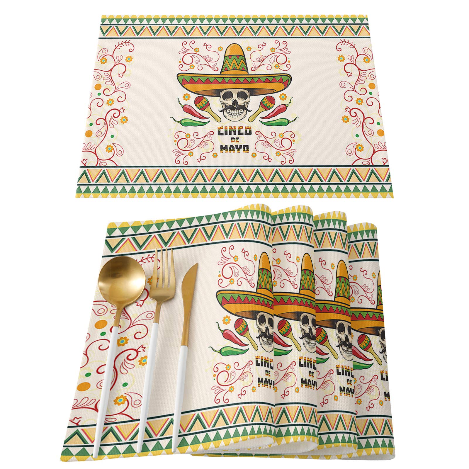 6-Pack Non-Slip Washable Heat Resistant Placemats - Mexican Day of the Dead Skull Design with Hat, Beard & Green Geometric Borders - Perfect for Dining Tables, Coffee Tables & Kitchen Countertops