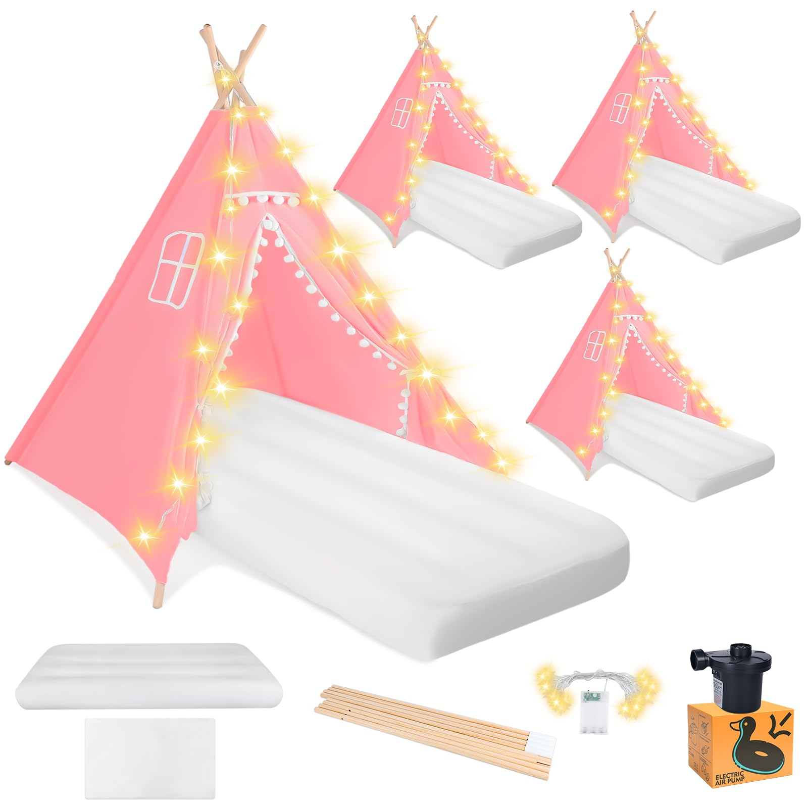4-Pack Kids Teepee Tents with Inflatable Air Mattress & Fairy Lights - Washable Cotton Play Tent for Boys and Girls Sleepovers, Birthday Parties & Indoor Camping (Pink) - Perfect for Slumber Parties, Playrooms & Backyard Adventures