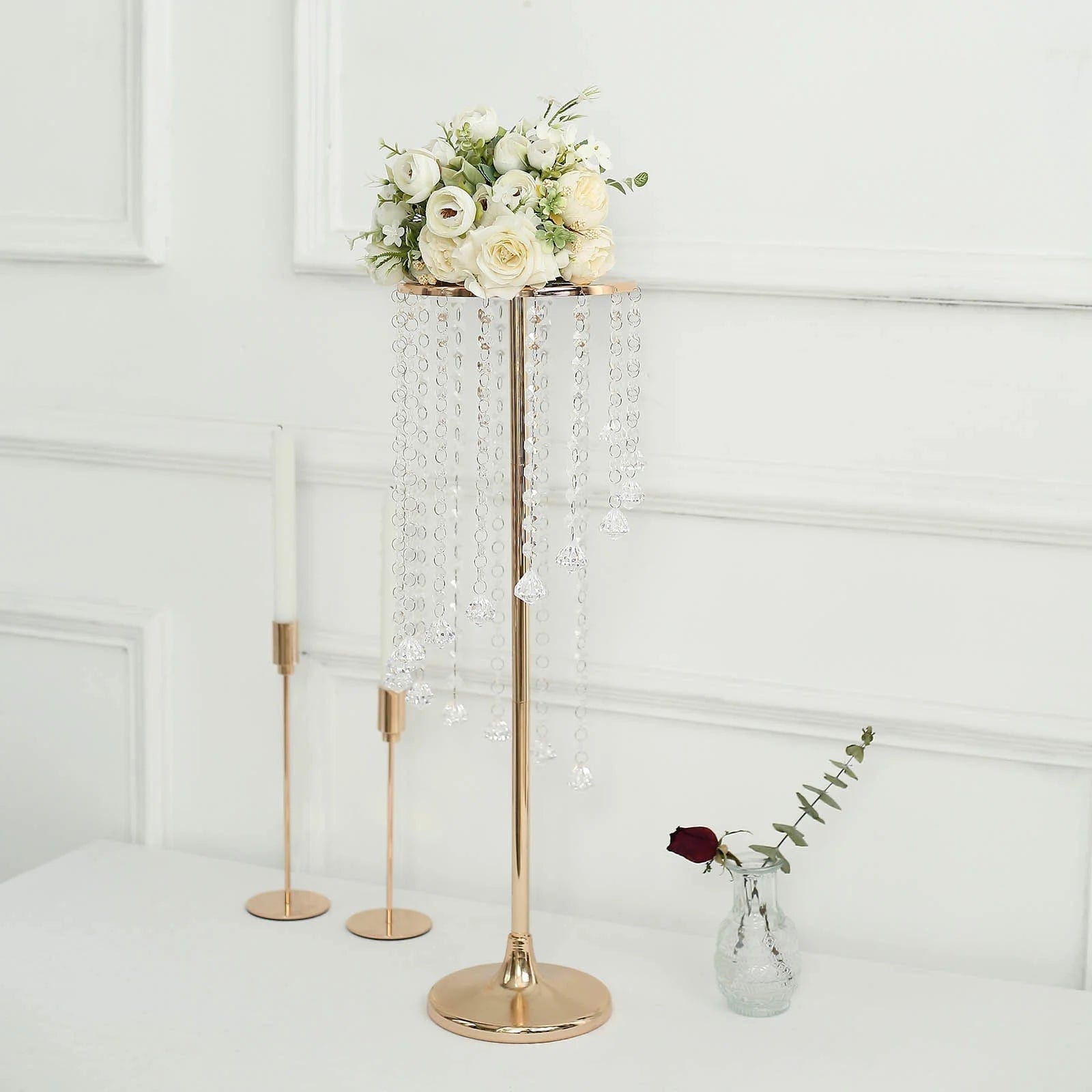 2 Pack Metal Flower Display Stands with Spiral Hanging Crystal Beads - Gold & Clear Wedding Centerpiece Decor for Table, Party, Home Decor