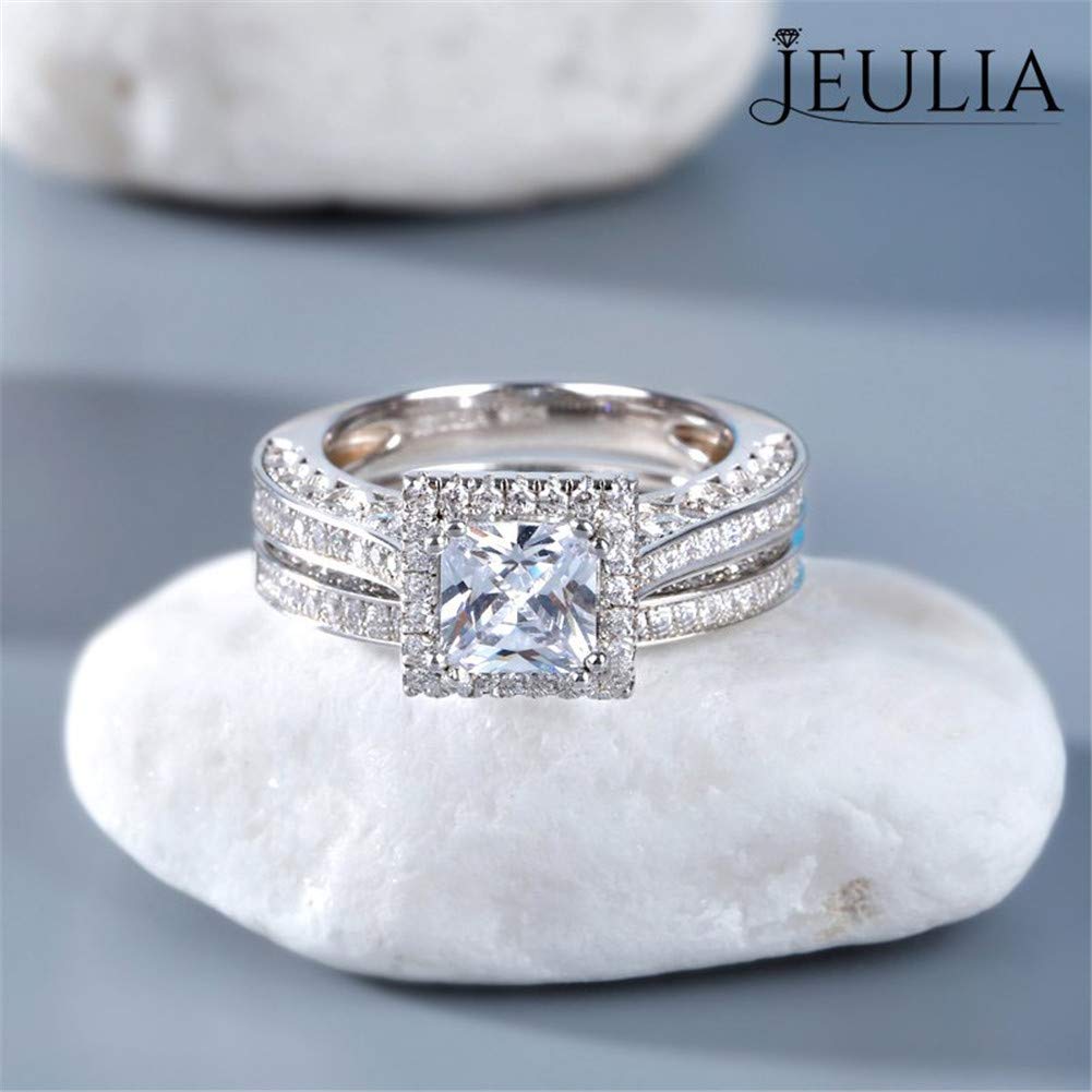 Jeulia Princess Cut Sterling Silver Halo Diamond Engagement Ring for Women - Cubic Zirconia CZ Bridal Wedding Ring Set with Jewelry Gift Box - Perfect for Proposals, Anniversaries & Special Occasions