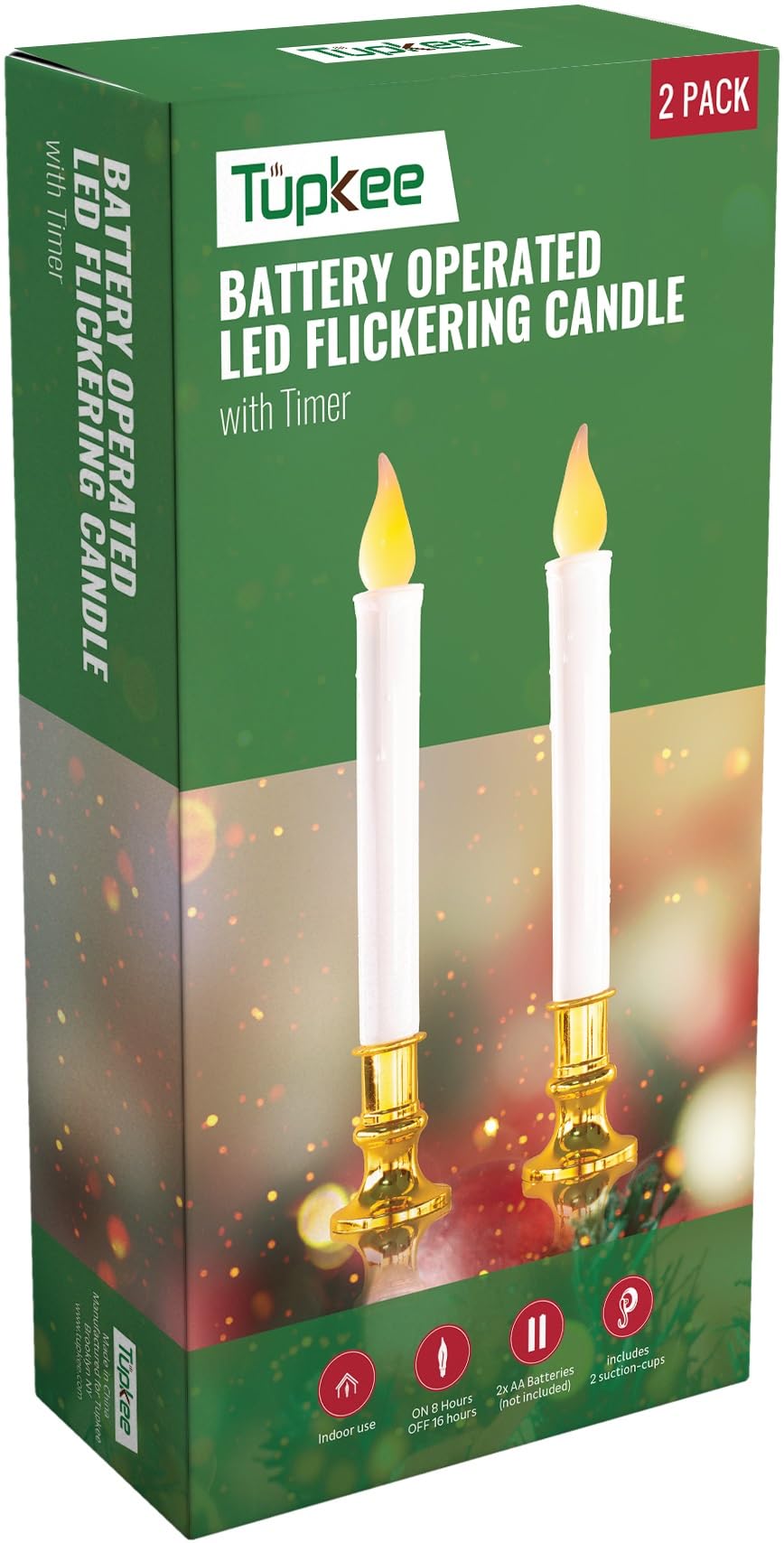 Tupkee Christmas LED Window Candles - Battery Operated Flameless Candles with Timer, Flickering Flames Effect, Set of 2 - Perfect for Holiday Decor, Winter Windowsill, and Cozy Home Ambiance
