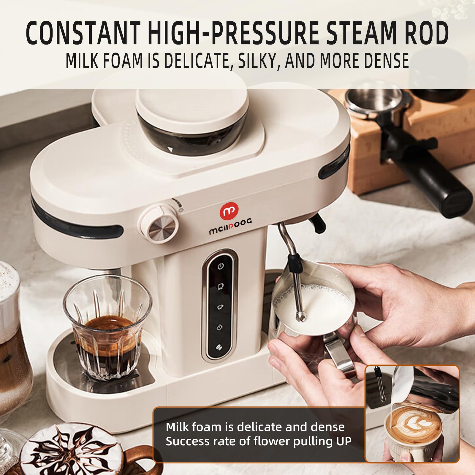 Mcilpoog AC510 15Bar Semi-Automatic Espresso Machine with Built-in Grinder & Steam Wand - 3-in-1 Compact Coffee Maker for Cappuccino, Latte & Americano - 28oz Removable Water Tank - Perfect for Home Baristas & Coffee Lovers (Creamy White) - Ideal for Kitchen Countertops, Office Break Rooms & Gift for Dad