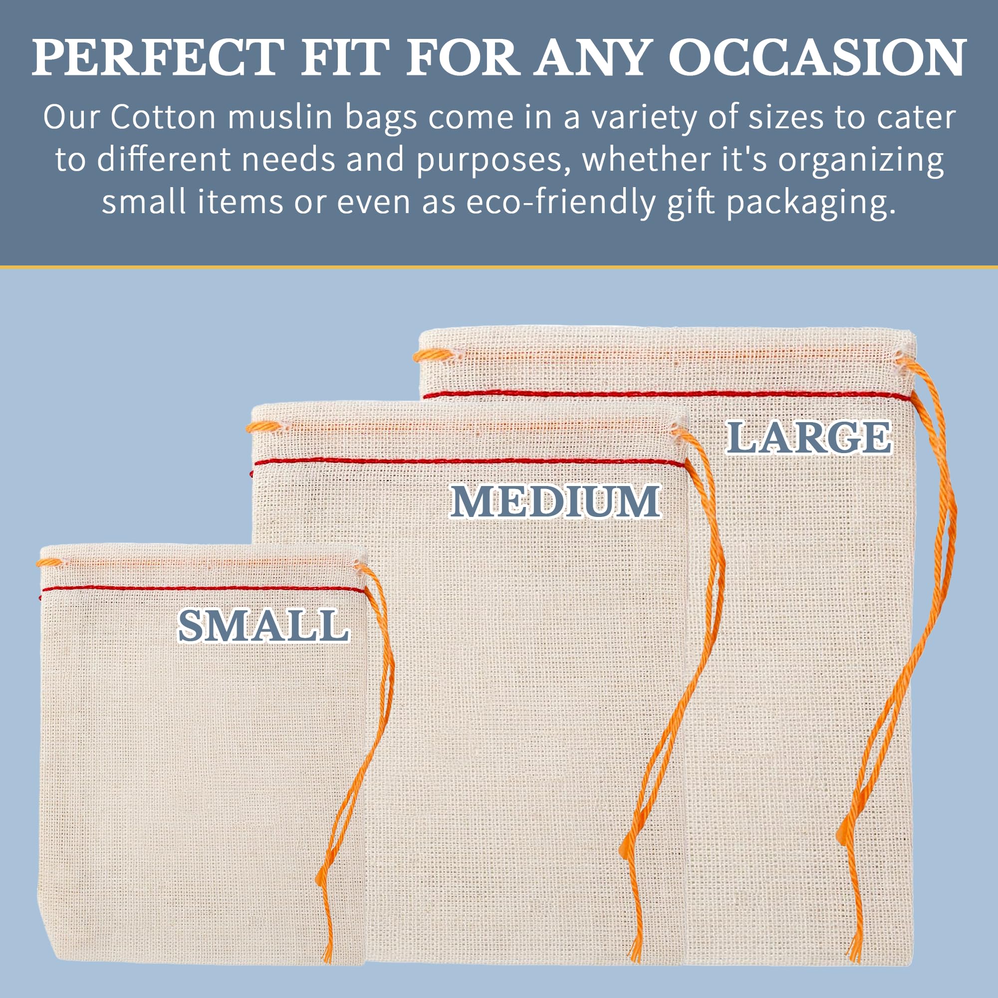 100pcs 8x10 Inch Large Cotton Muslin Drawstring Bags Bulk - Premium Party Favor & DIY Craft Gift Bags - 100% Natural USA-Made (Red Hem/Orange String) - Perfect for Wedding Favors, Baby Showers & Handmade Soap Packaging