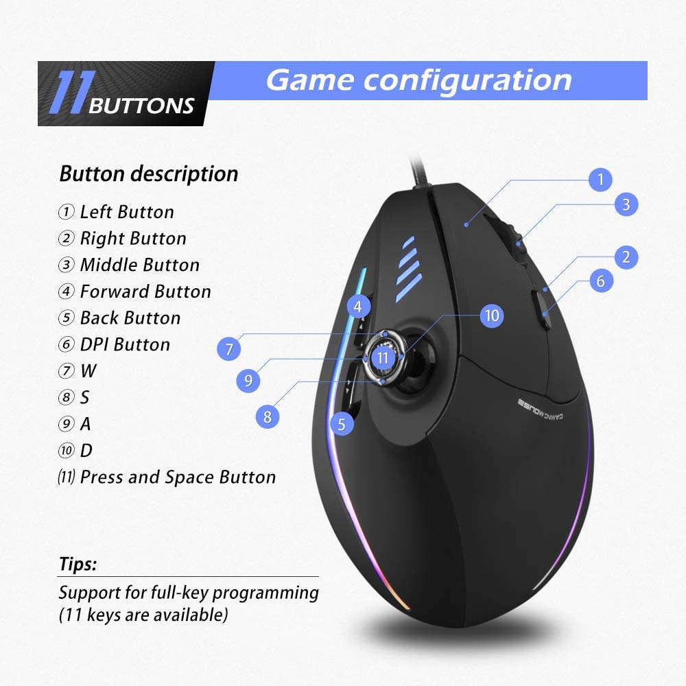 Zelotes Wired Gaming Mouse with Joystick - 10000 DPI, 11 Programmable Buttons, RGB Lighting, Ergonomic Vertical Design for PC, Mac, Laptop - Perfect for FPS, MMO Gaming & Office Work (Black)