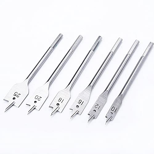 6-Piece High Carbon Steel Spade Drill Bits Set (10mm-25mm) - Hex Shank Flat Boring Wood Drill Bits for Power & Hand Tools - Perfect for Woodworking, DIY Projects, and Hole Punching in Wood, Plastic & Soft Materials