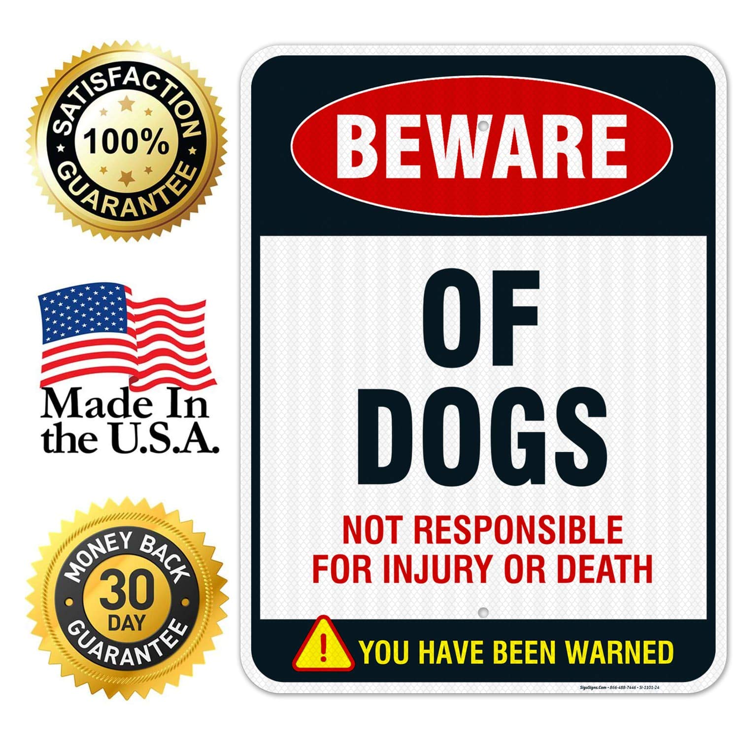 Beware of Dog Sign - 18x24 Inches Reflective Aluminum Warning Sign for Dogs - 3M EGP .080 Thick, Fade Resistant, Indoor/Outdoor Use - Perfect for Yards, Gates & Property Protection - Made in USA