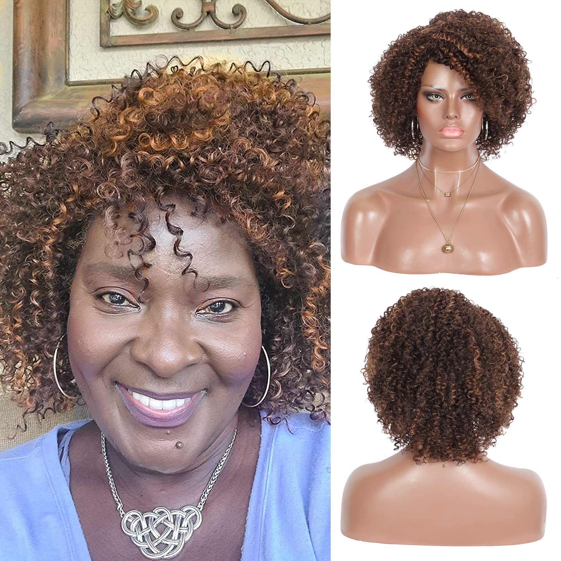 Premium Synthetic Afro Kinky Curly Wigs for Black Women - Kalyss Brown Highlights, 150% Density, Natural Looking with Bangs | Perfect for Cosplay, Daily Wear & Protective Hairstyles