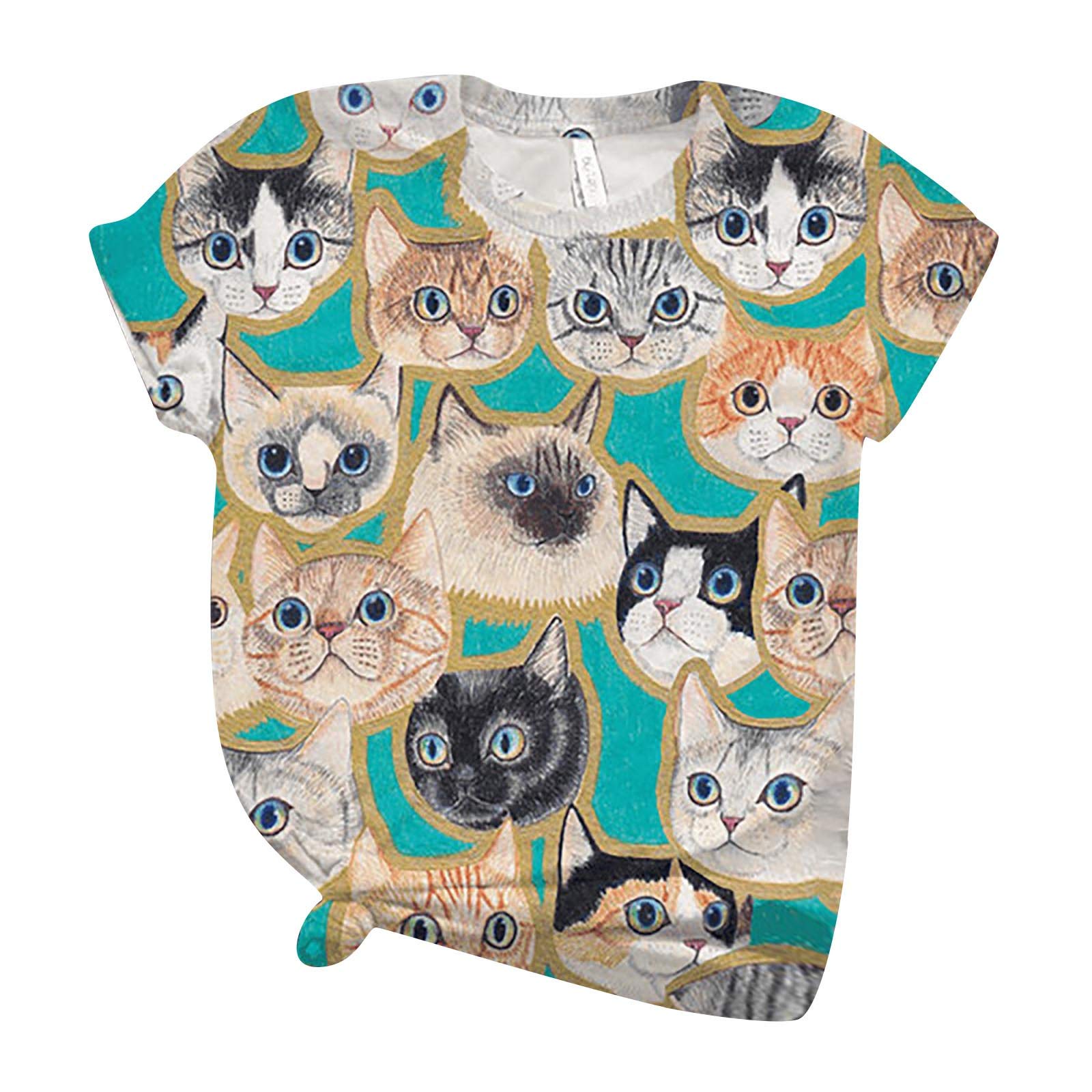 Lozeny Women's Cat Graphic Colorblock Short Sleeve T-Shirt - Cute Crewneck Blouse, Funny Casual Fashion Top for Everyday Wear & Weekend Outfits