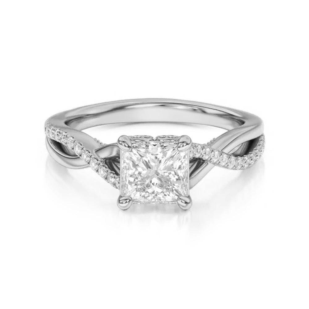 Princess Cut Moissanite Twisted Band Engagement Ring with Hidden Accents - Elegant Wedding Jewelry for Proposals, Anniversaries & Bridal Sets | Perfect for Romantic Occasions & Special Moments