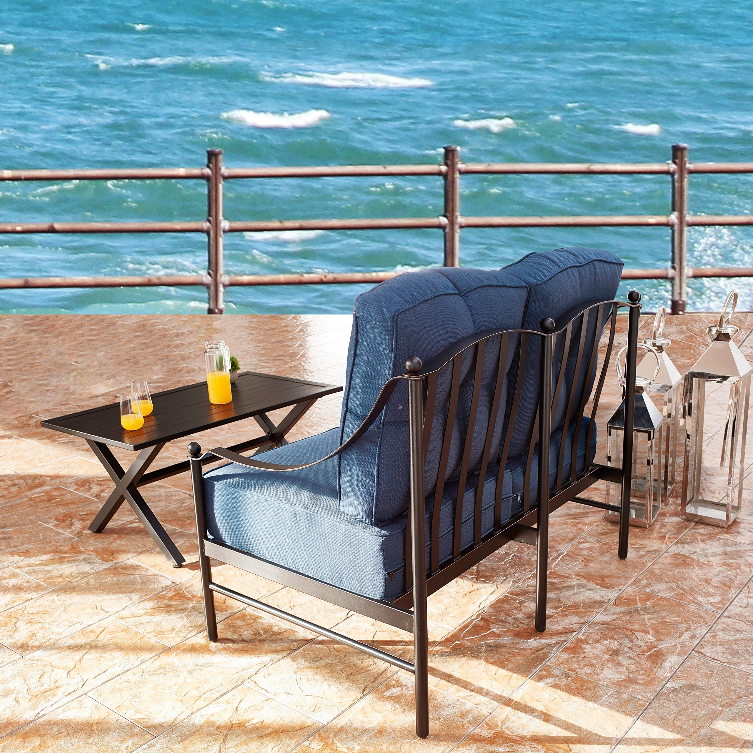 LOKATSE HOME 2-Piece Outdoor Patio Loveseat Set with X-Leg Coffee Table - Waterproof Cushioned Conversation Furniture for Garden, Yard, Porch, Poolside (Blue) | Perfect for Relaxing, Entertaining Guests, and Enjoying Summer Evenings