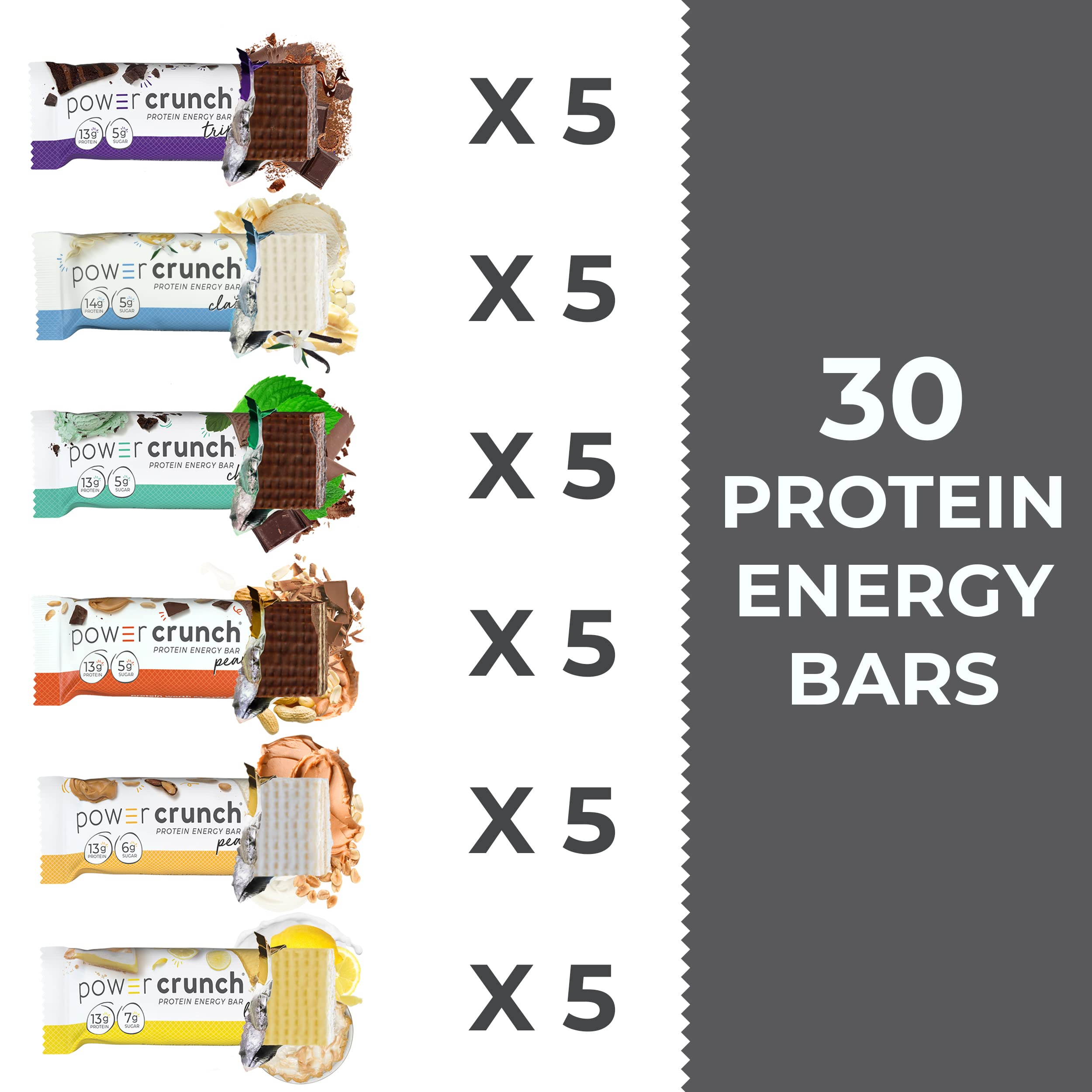 Power Crunch Protein Wafer Bars Variety Pack - 6 Delicious Flavors, 1.4oz Bars (30 Count) - High Protein Snack for Energy, Workout Recovery & On-the-Go Nutrition - Perfect for Gym, Hiking & Office Snacking