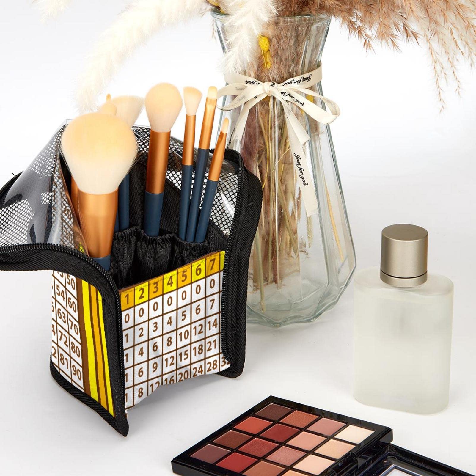 12-Piece Makeup Brush Organizer Bag with Multiplication Graph Design - Portable Travel Cosmetic Brush Holder Case for Professional & Home Use