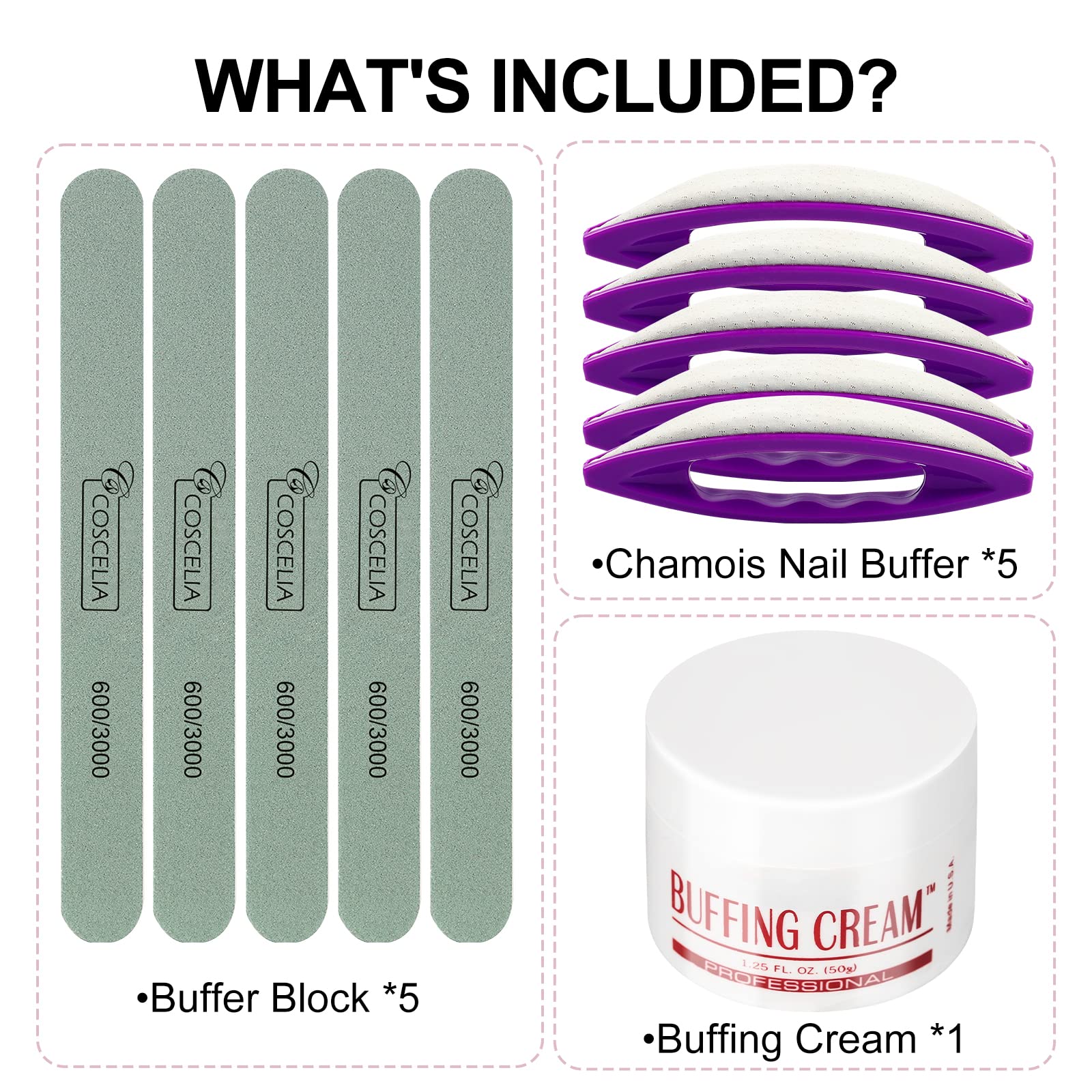 COSCELIA 5-Piece Nail Buffer Set with Buffing Cream - Professional Manicure Kit for Smooth, Shiny Nails | Perfect for Home Nail Care & Salon Use