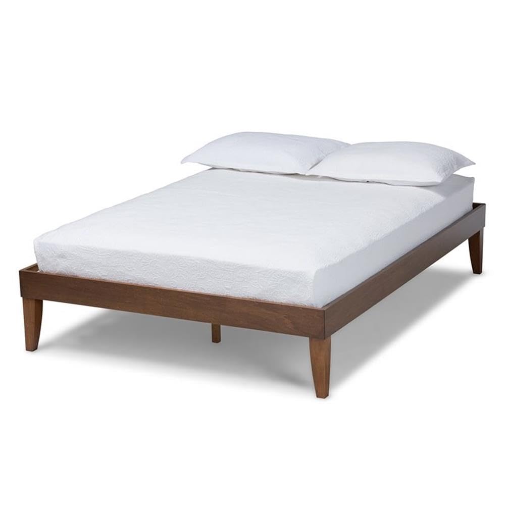 BOWERY HILL Queen Size Walnut Finished Platform Bed Frame with Headboard - Solid Wood Modern Bedroom Furniture for Small Spaces & Guest Rooms