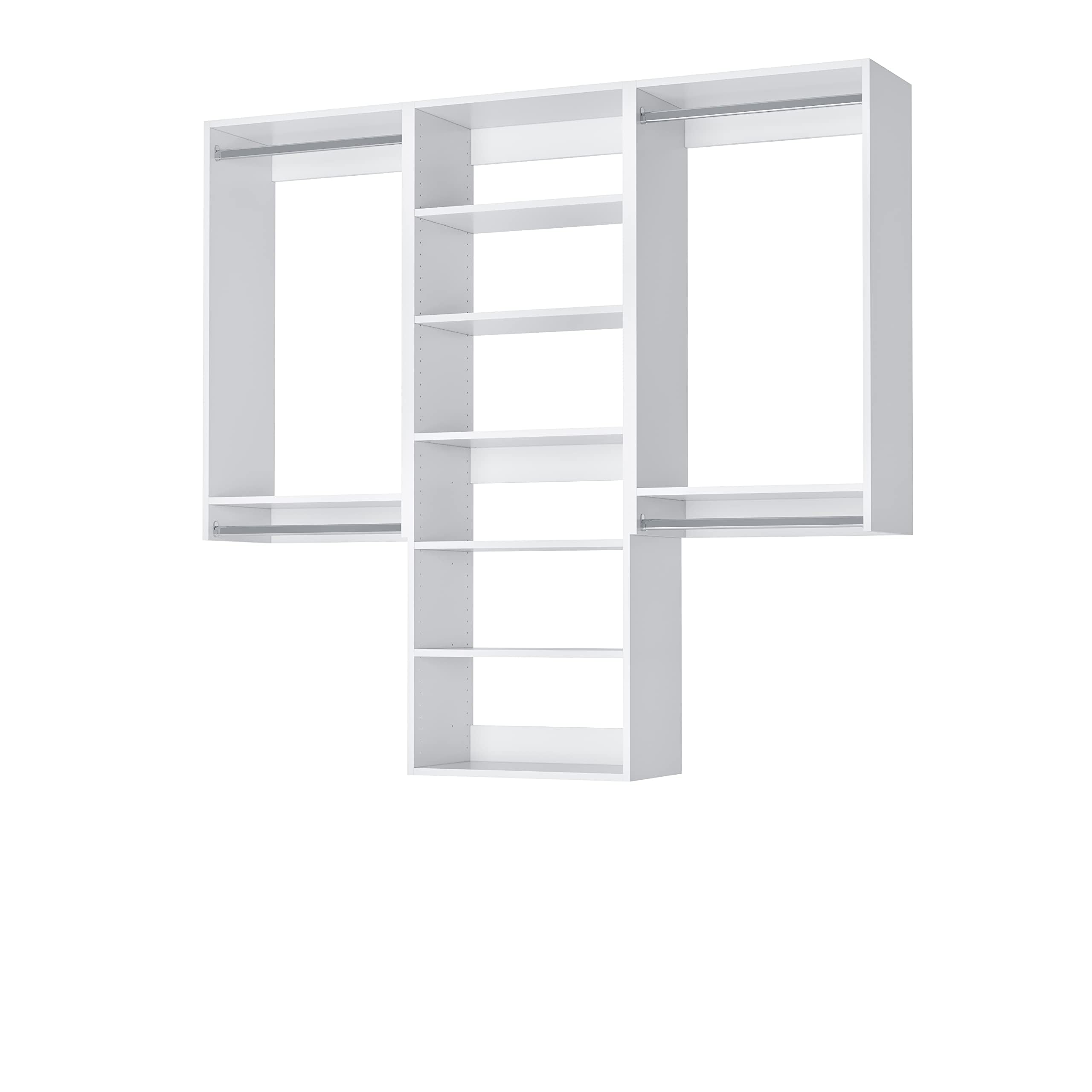 White 66-Inch Wide Closet Kit with Hanging Rods & Shelves - Space-Saving Corner Closet Organizer System - Perfect for Bedroom, Walk-In Closet & Home Storage Organization