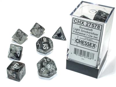 Borealis Polyhedral Light Smoke Silver Luminary 7 Piece Dice Set - Perfect for D&D, RPG Games, and Tabletop Gaming