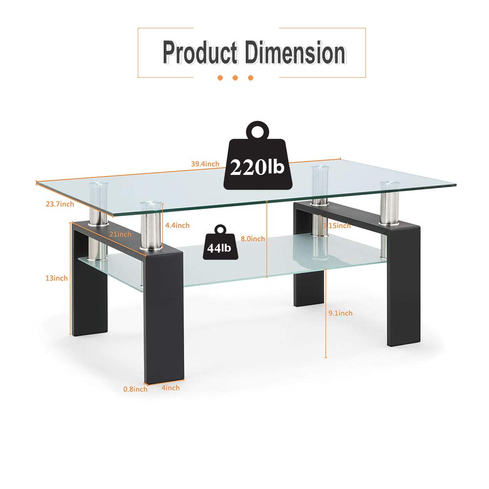Modern Glass Coffee Table with Metal Legs - 2-Tier Clear Tempered Glass Living Room Table, Cocktail & Tea Table for Home Decor, Living Room Furniture - Perfect for Small Spaces, Apartments & Lounge Areas