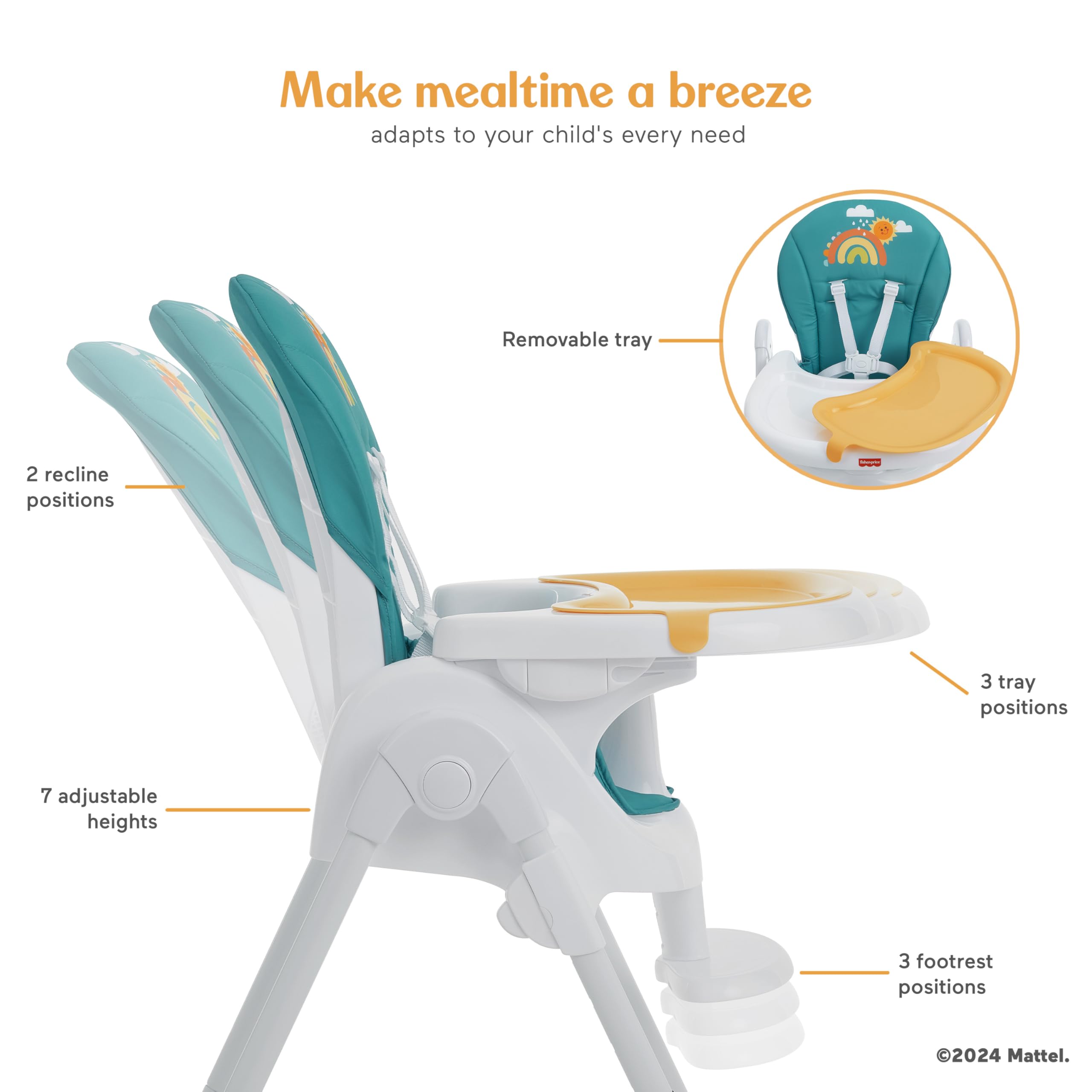 Fisher-Price by Dream On Me Tiny Bites Adjustable Baby High Chair - 7 Height Positions, Lightweight & Portable for Travel, Easy Fold & Clean - Perfect for Home, Restaurants & Outdoor Dining