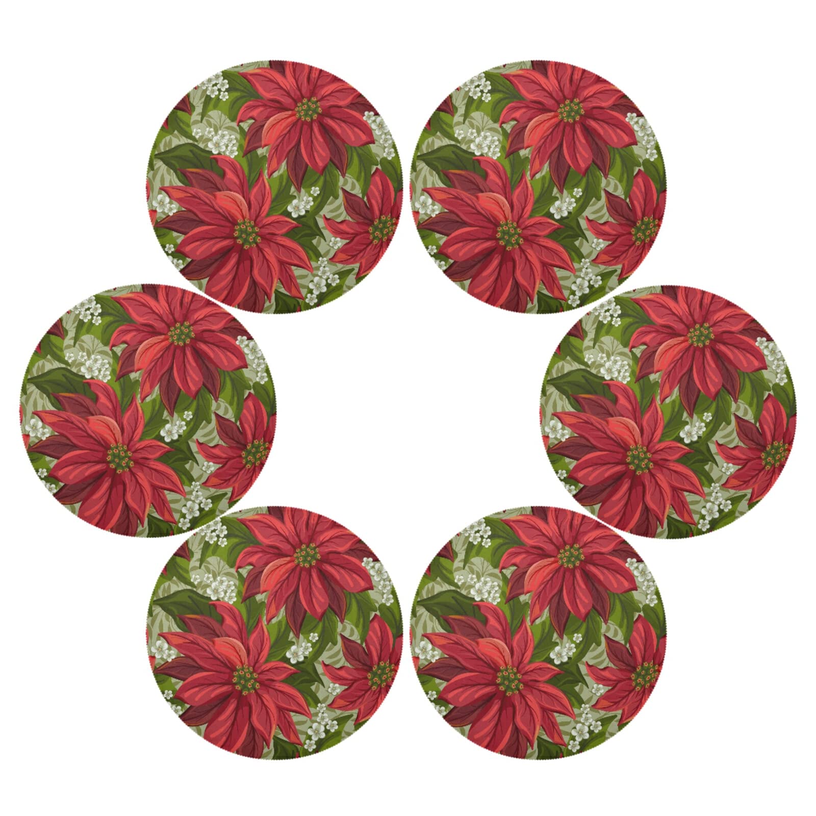 Christmas Poinsettia Floral Round Placemats Set of 6 - Washable & Heat Resistant Table Mats for Dining, Kitchen, Party - Perfect for Holiday Home Decor, Indoor & Outdoor Use