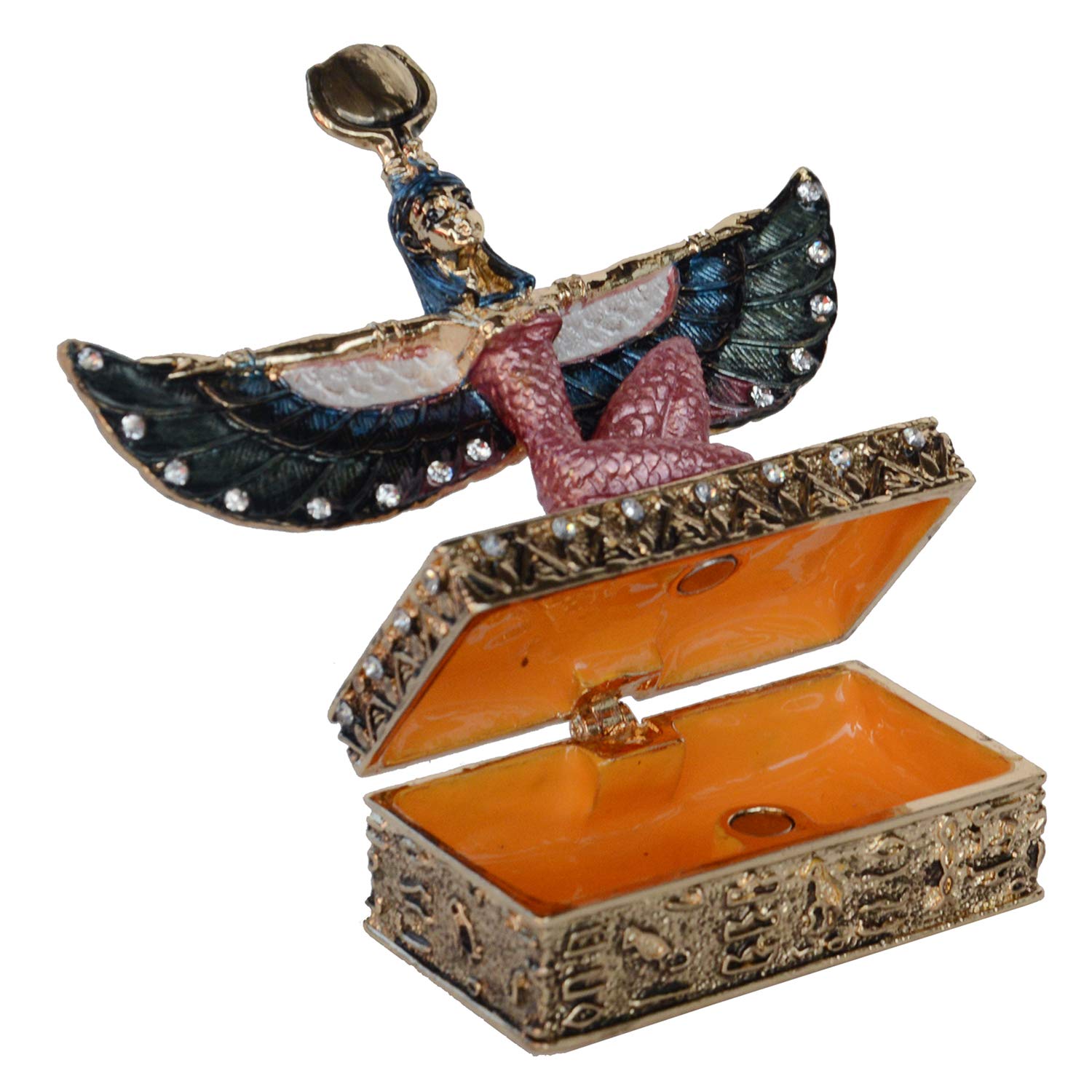 Hand-Painted Egyptian Winged Isis Jewelry Box - Decorative Trinket Box with Hinged Lid, Ring & Earring Holder - Collectible Table Figurine for Home Décor & Gift Giving