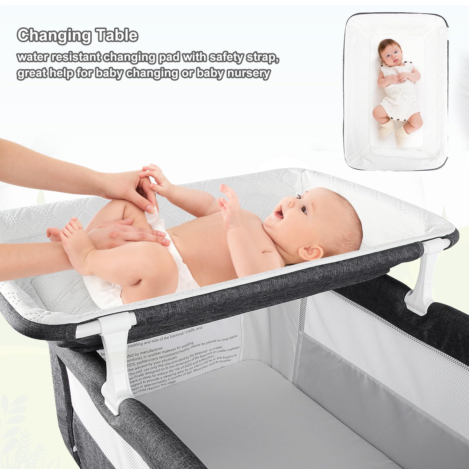 Portable Baby Bassinet Bedside Sleeper with Adjustable Height, Diaper Changing Station & Mosquito Net - 16 Gallon Storage Capacity, Grey - Perfect for Co-Sleeping, Nursery & Travel Use