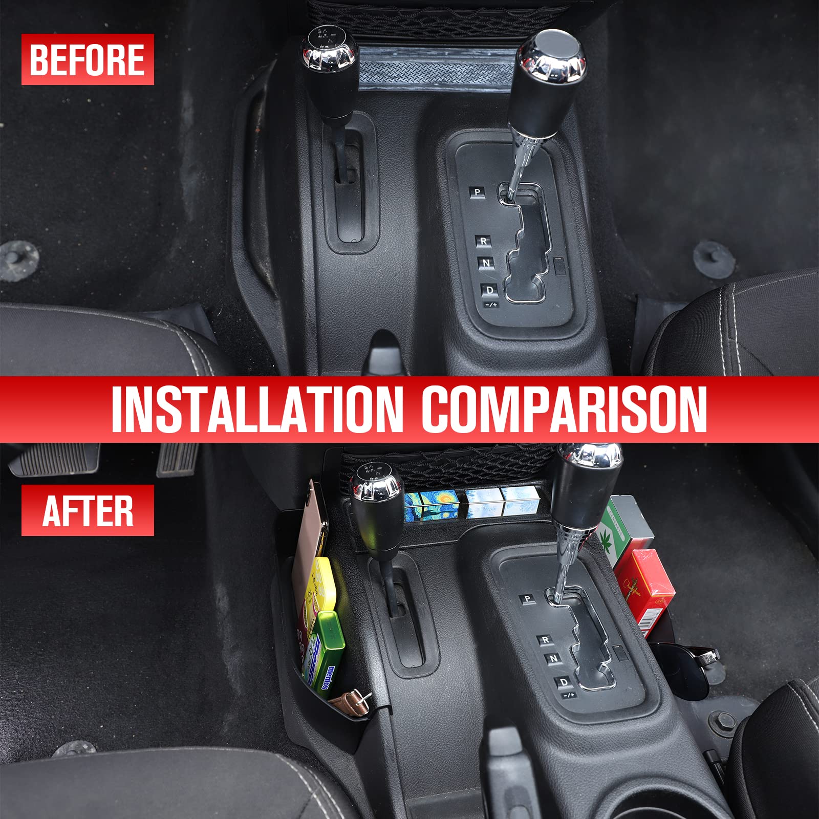 JeCar Black Storage Box Gear Tray Auto Transmission Organizer for Jeep Wrangler JK JKU (2011-2018) - Interior Accessories for Off-Road & Camping Organization