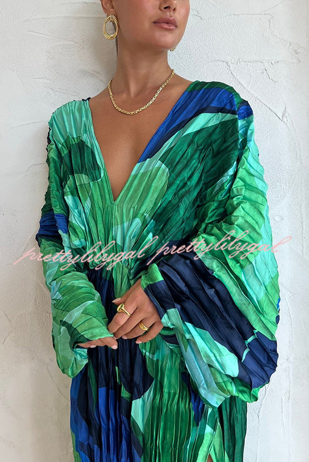 Tropical Oasis Capri Print Kimono Sleeve Pleated Cocoon Maxi Dress | Flowy Beach Cover Up & Summer Vacation Outfit for Women | Perfect for Pool Parties, Resort Wear & Boho Fashion