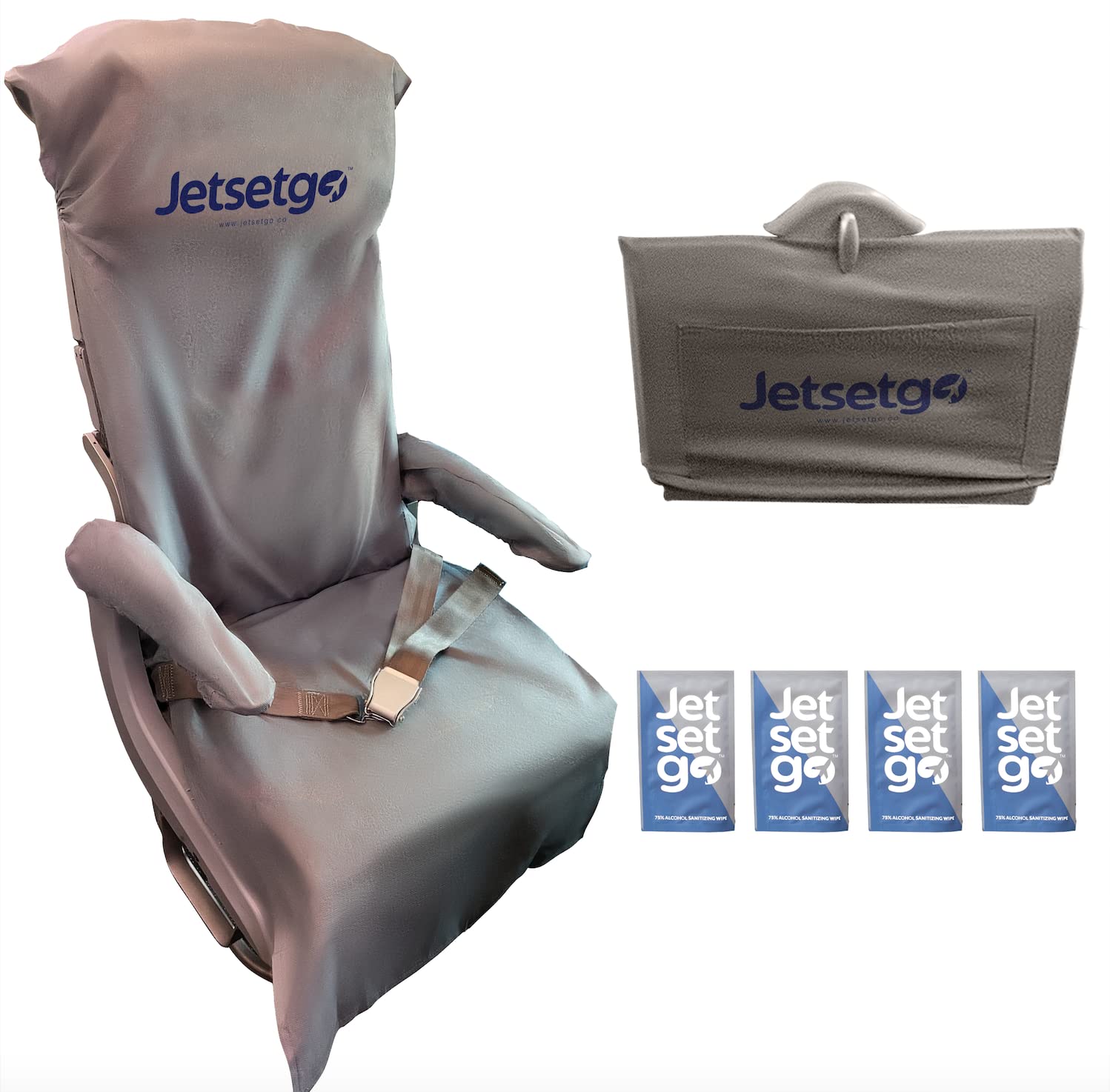 Jetsetgo Travel Safety Kit - 2 Full Sets Airplane Seat Covers, Armrest & Tray Table Protectors with Storage Pockets + 4 Sanitizing Wipes | Airplane Hygiene Essentials for Family Travel, Business Trips & Flight Protection