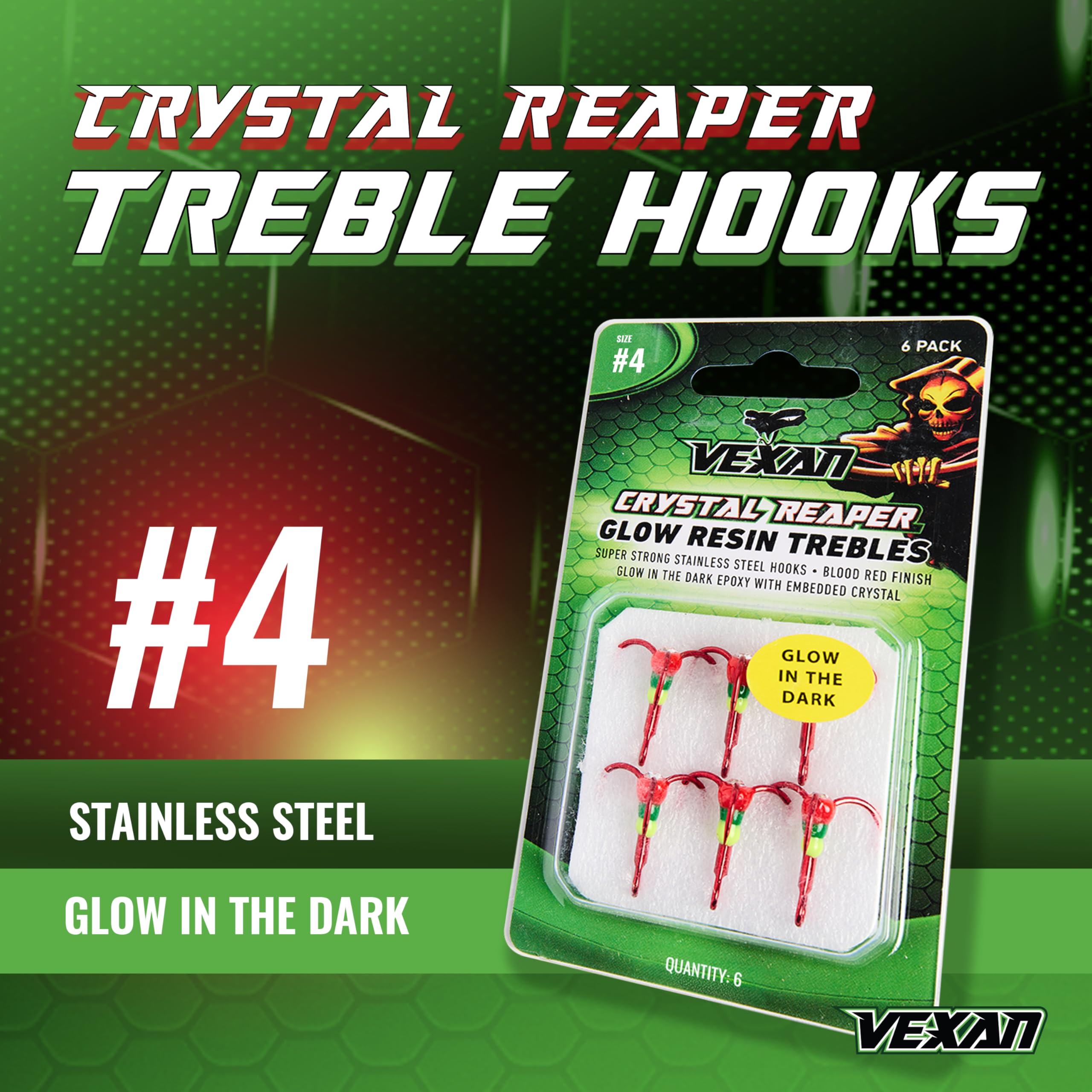 Vexan Glow Crystal Treble Fishing Hooks - High Carbon Steel Saltwater & Freshwater Hooks - Ultra Sharp & Durable for Bass, Trout, Salmon - Perfect for Night Fishing & Deep Sea Angling