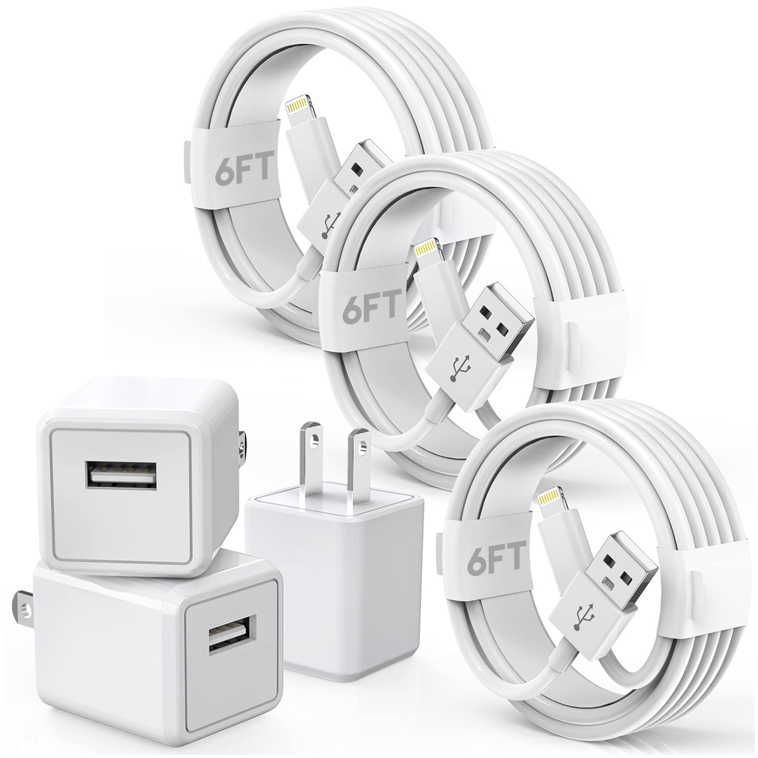 Apple MFi Certified iPhone Charger 3-Pack - 6FT USB to Lightning Cable with Fast Charging Block & Travel Plug - Compatible with iPhone 14/13/12/11/Pro Max/SE/XS/X/XR/8/7 & iPad - Perfect for Home, Office & Travel Charging