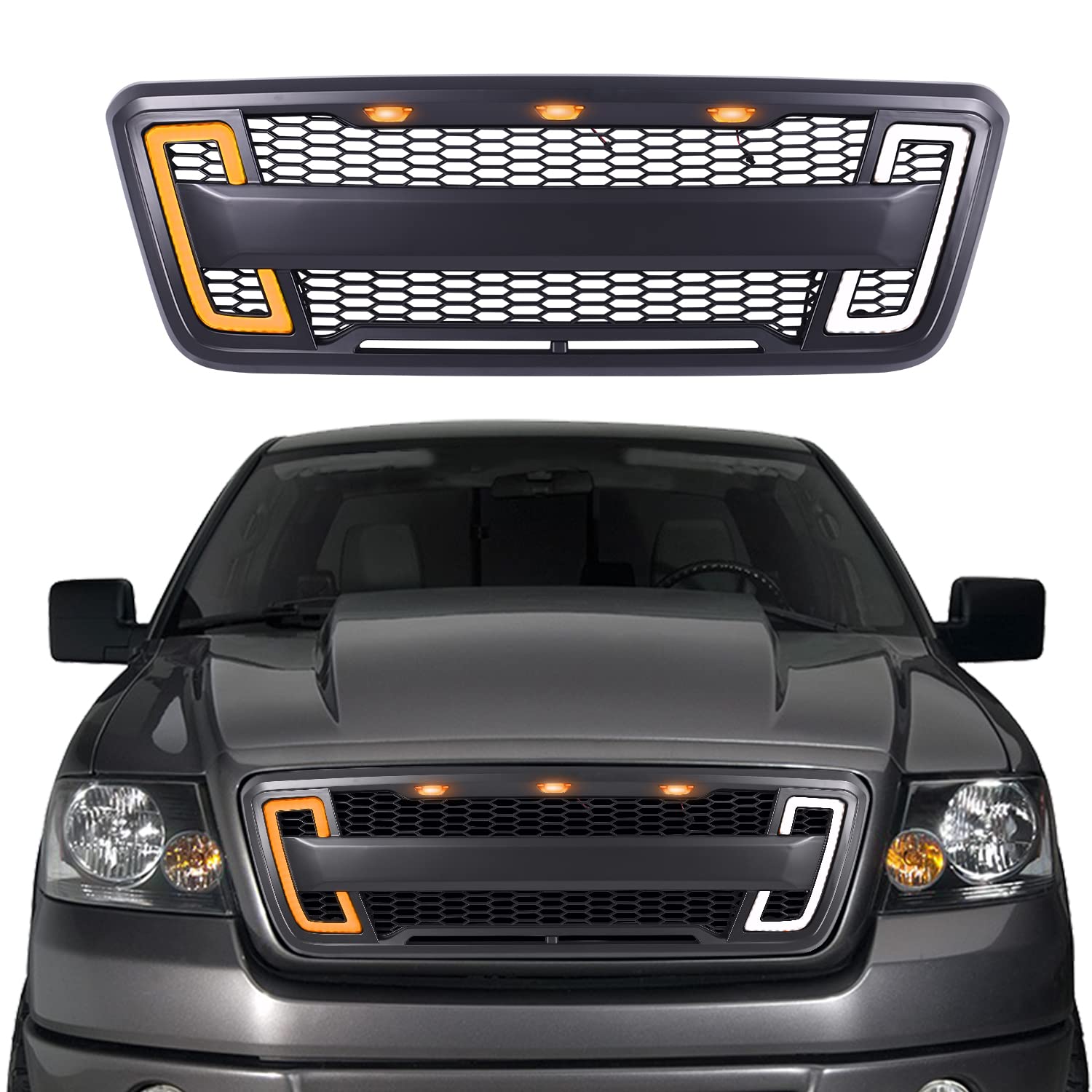 Matte Black Mesh Front Grille Replacement for Ford F-150 2004-2008 with DRL, Turn Signal & 3 Amber LED Lights | Truck Accessories Upgrade for Off-Road & Street Style