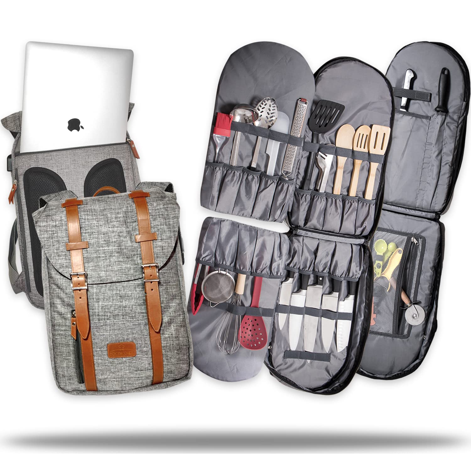 BOOBIKCHEF Professional Knife Bag & Chef Backpack - 23 Padded Pockets for Kitchen Knives & Tools, Waterproof Durable Culinary Backpack - Perfect Gift for Chefs (Grey) - Ideal for Cooking Classes, Restaurant Work & Culinary School