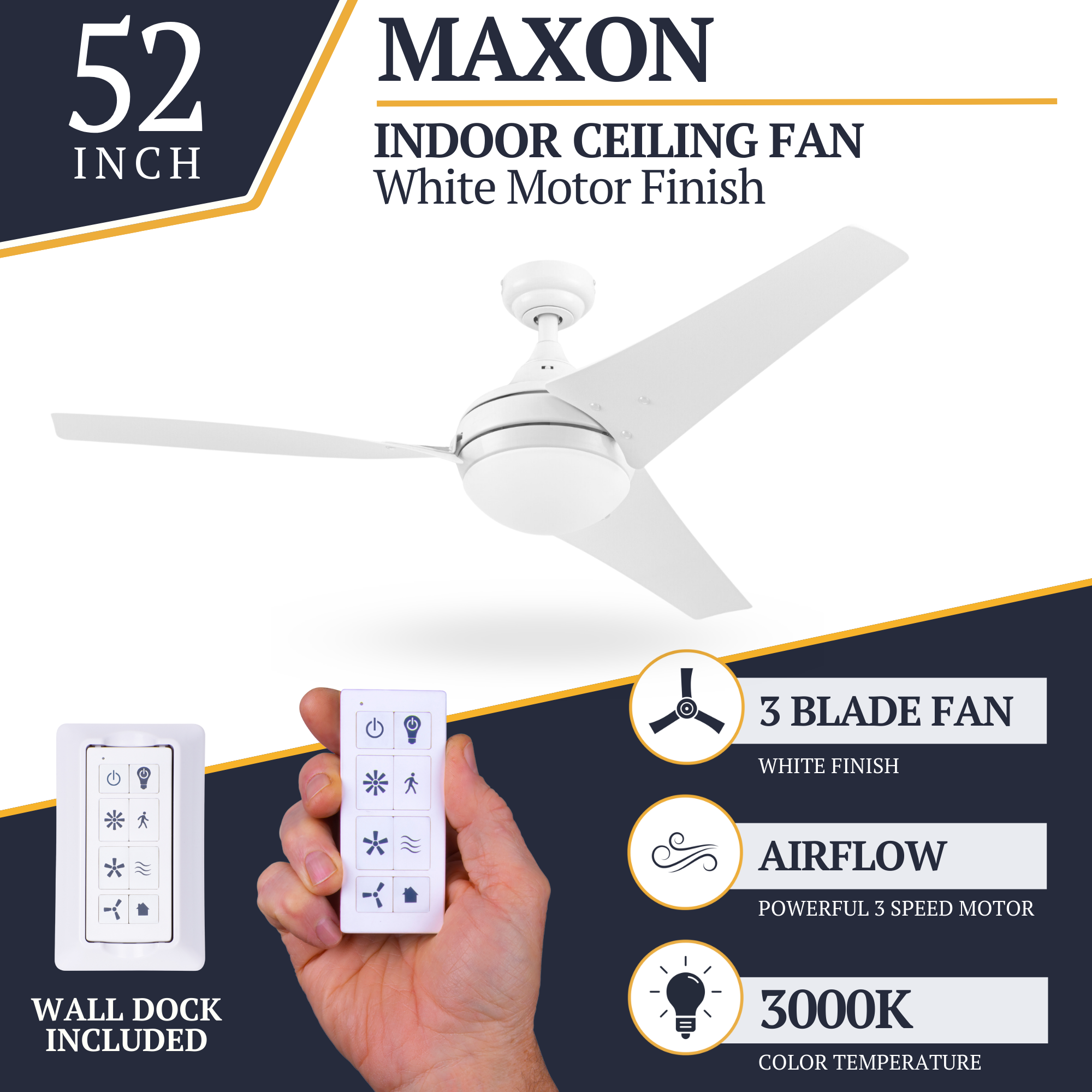 52 Inch White Maxon Ceiling Fan with Remote Control - Perfect for Living Room, Bedroom, and Outdoor Patio Cooling