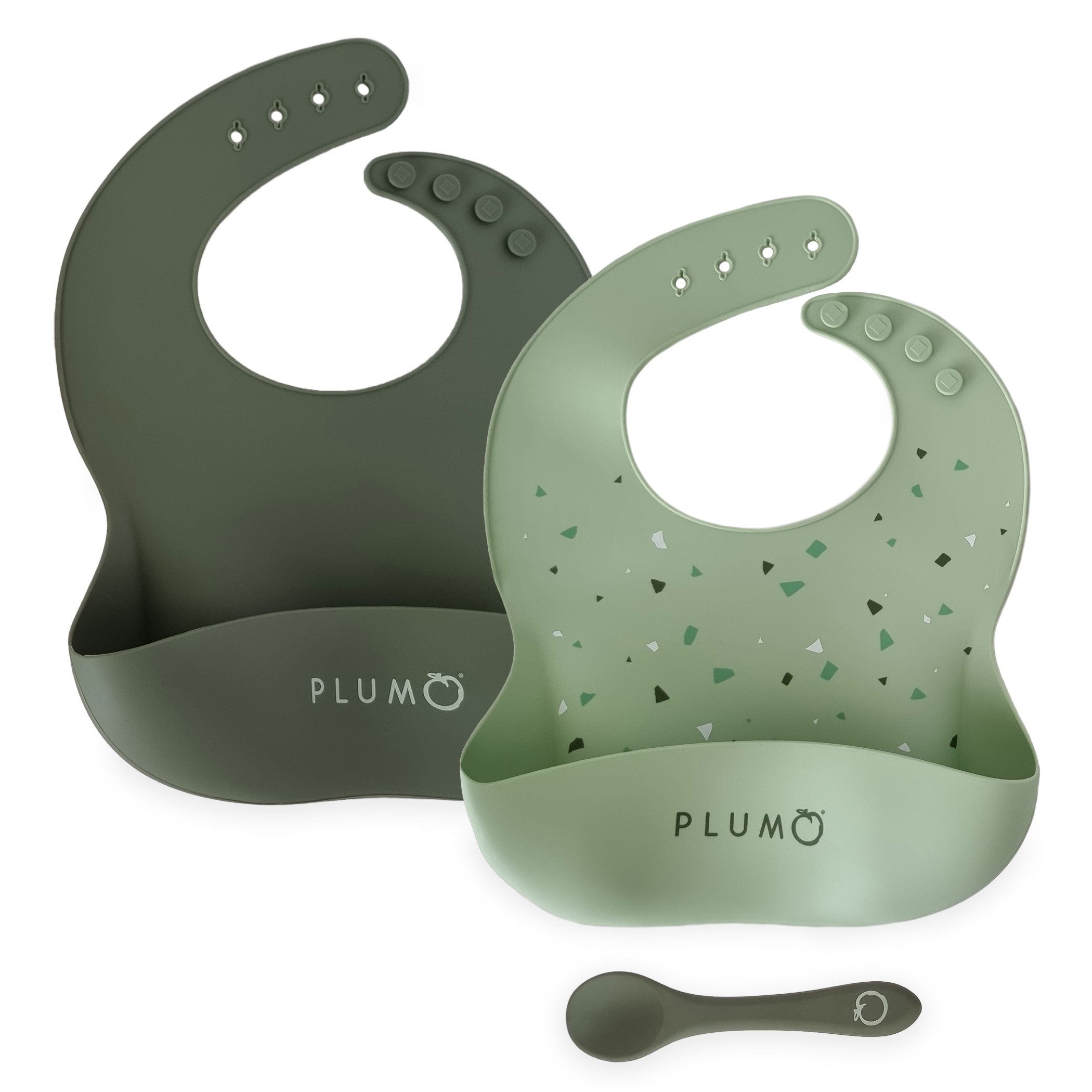PLUM 3-Piece Silicone Baby Bib and Spoon Set - Olive Green & Pesto Color | Soft, Waterproof Feeding Essentials for Toddlers | Perfect for Mealtime, Travel & Daycare Use