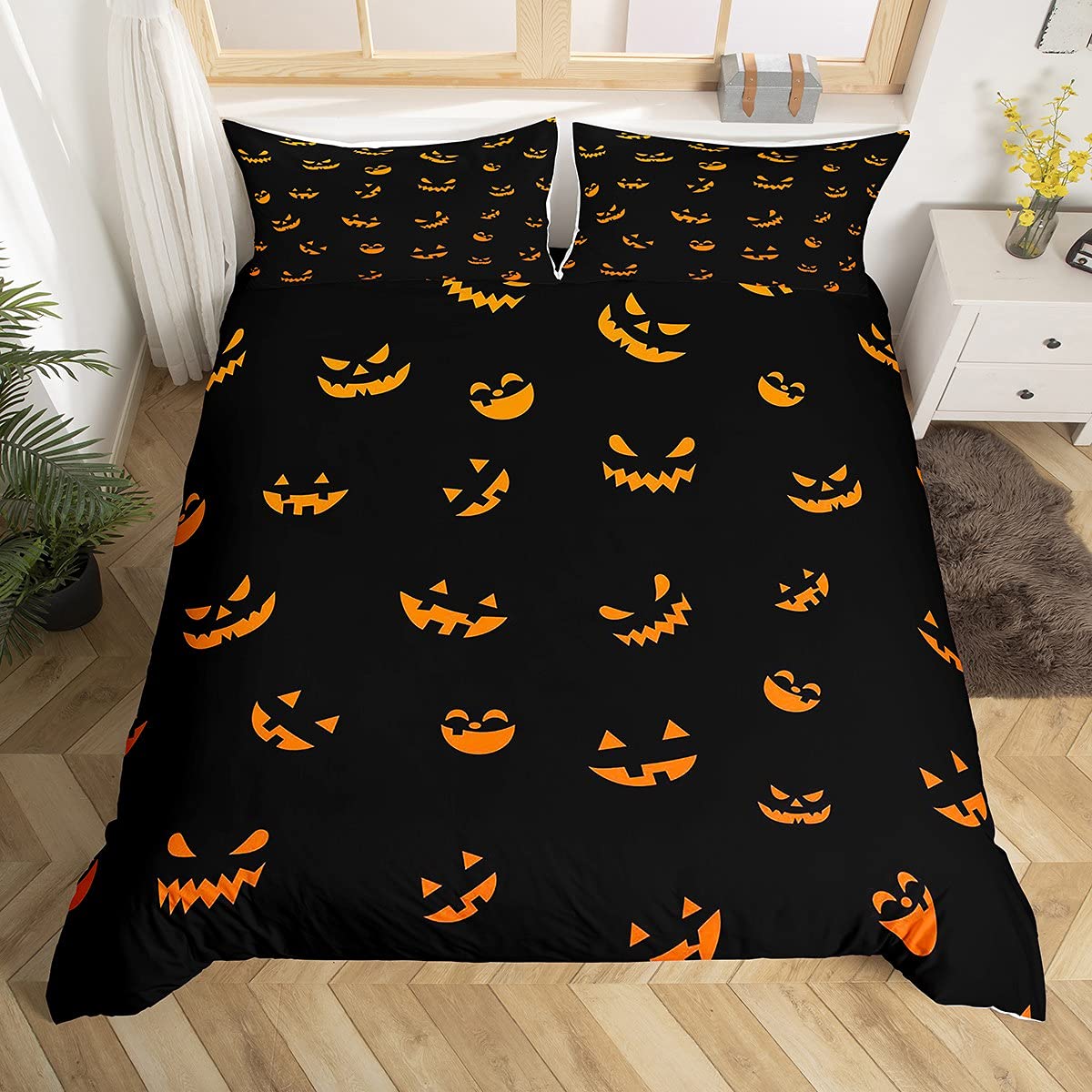 Erosebridal Pumpkin Lantern Duvet Cover Set - Halloween Bedding for Twin Size Beds | Gothic Spooky Comforter Cover for Teens & Adults | Orange & Black Horror Silhouette Decor | Perfect for Halloween Parties, Dorm Rooms & Themed Bedrooms