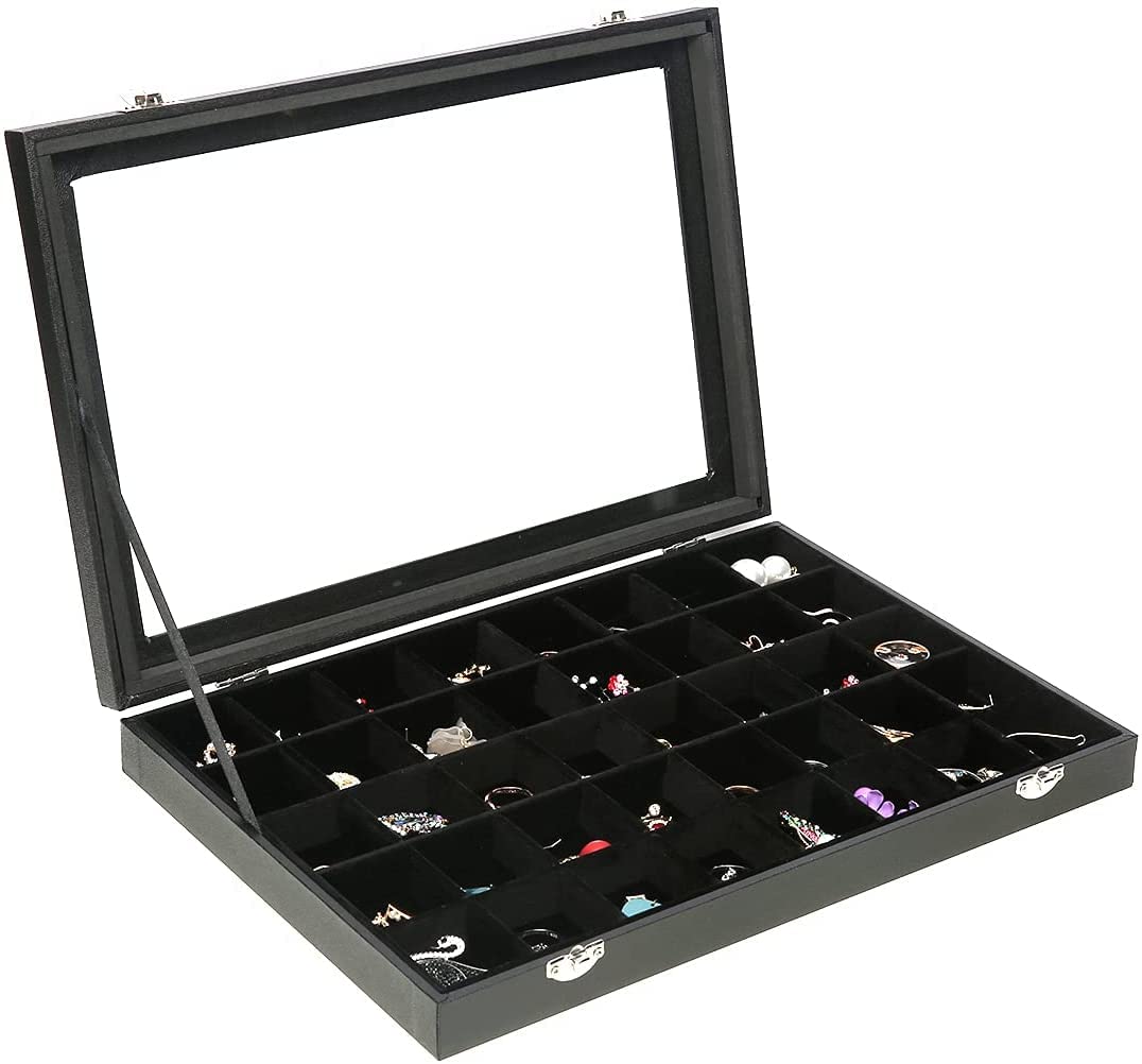 40 Grid Clear Lid Jewelry Organizer Box with Transparent Glass Top & Velvet Lining - Earring, Ring, Necklace Storage with Removable Dividers - Perfect for Dresser, Vanity, Travel & Gift Giving