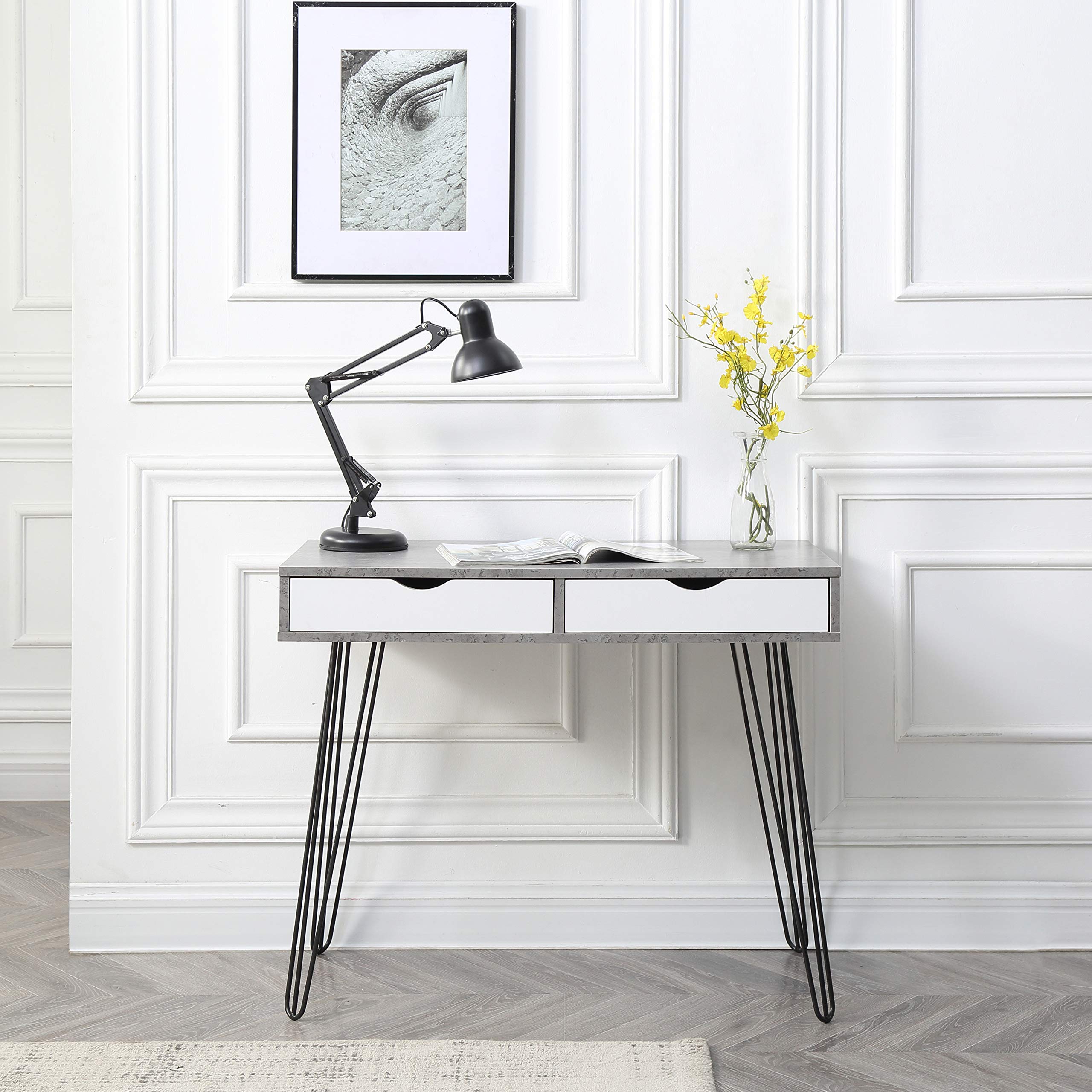 Modern Small Desk with Drawers - Laurel Computer Desk for Bedroom, Home Office & Dorm | Stylish Writing Table with Marble Design | Perfect for Study, Work & Vanity (Gray)