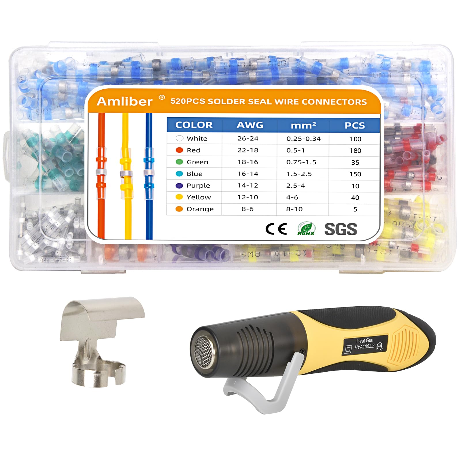 520PCS Solder Seal Wire Connectors Kit with 450W Heat Gun - Waterproof Marine Electrical Connectors for 26-6 Gauge Wires - Ideal for Boat Wiring, Automotive Repairs & Outdoor Electrical Projects