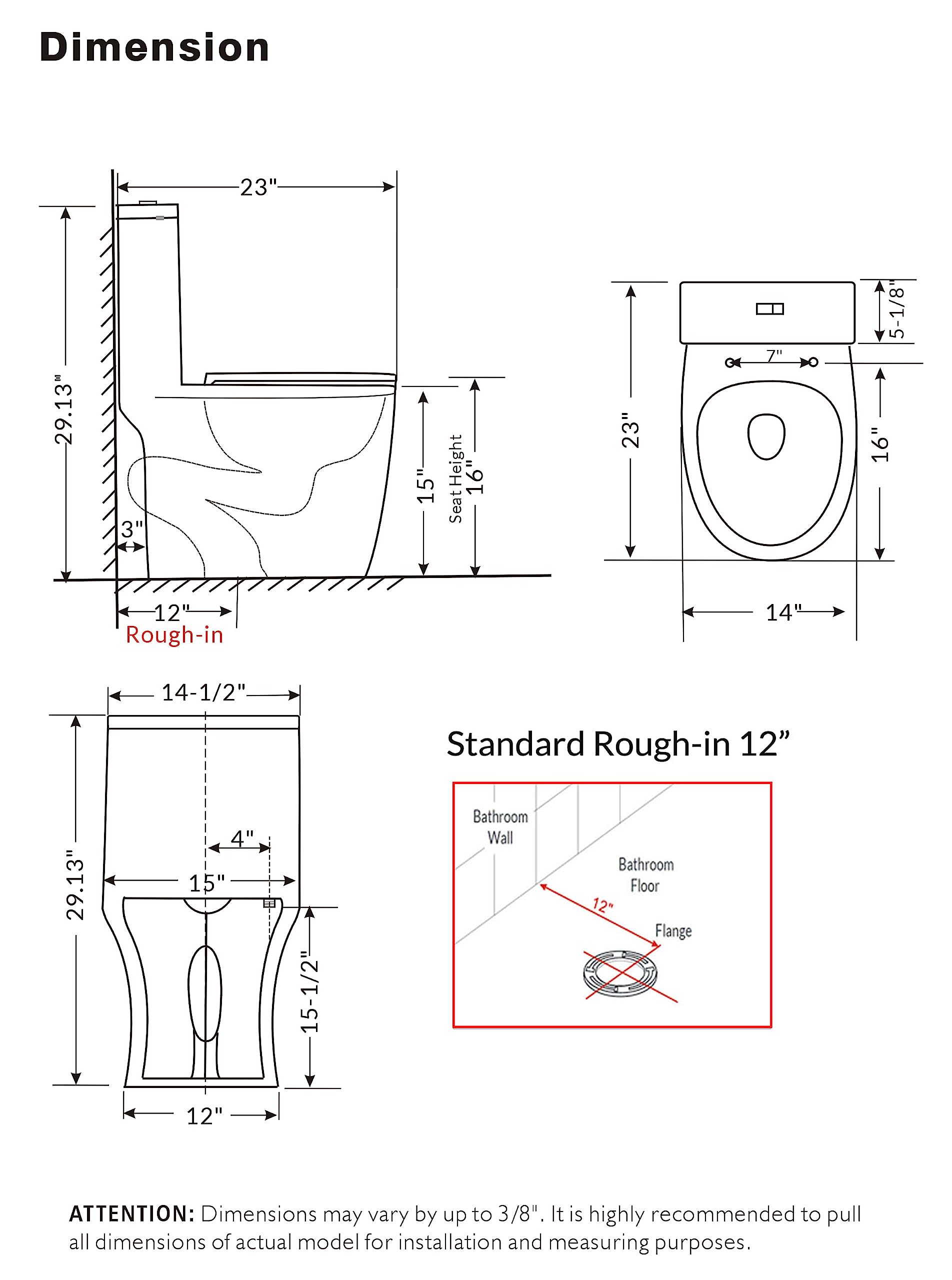 WinZo WZ5079BG Compact One-Piece Toilet for Small Bathrooms - Powerful Dual Flush Modern Space-Saving Toilet, 12-Inch Rough-In, 23