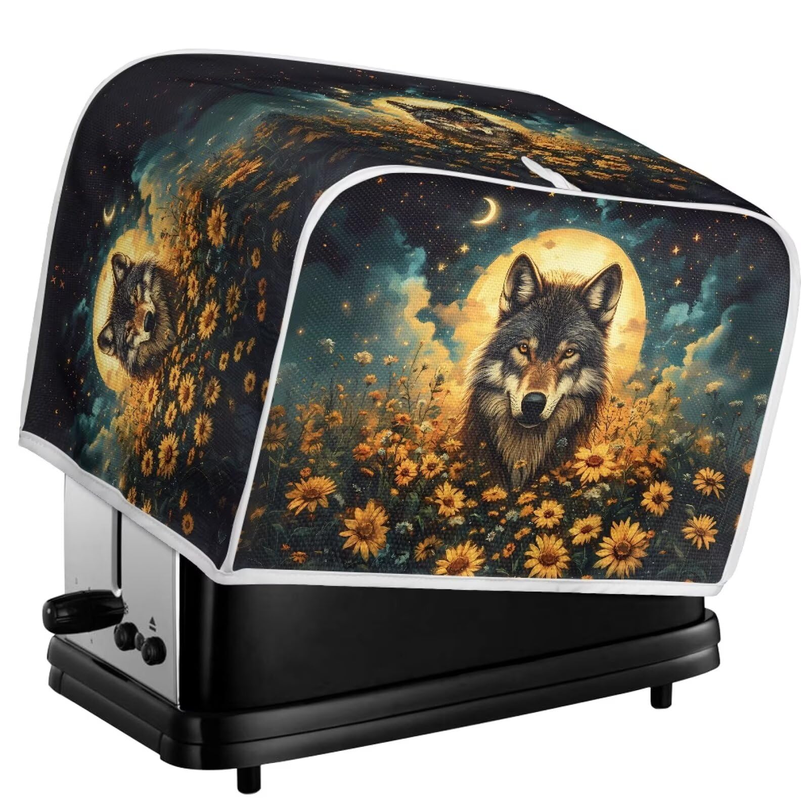 Xoenoiee Wolf Sunflower Moon Galaxy Print 4-Slice Toaster Cover, Bread Maker Cover, Small Kitchen Appliance Protector – Perfect for Toaster Ovens, Coffee Makers & Countertop Decor