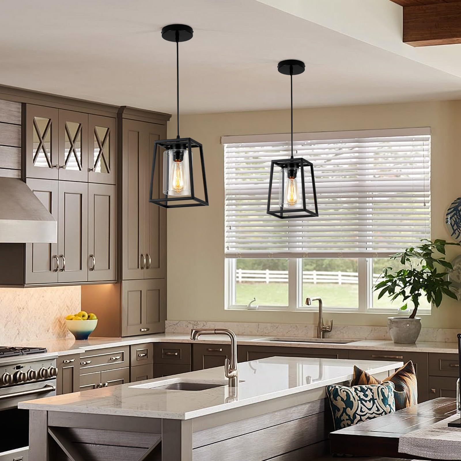 Black Farmhouse Pendant Lights with Clear Glass Shade - 1-Light Linear Chandelier for Kitchen Island, Dining Room, Entryway, and Modern Farmhouse Decor
