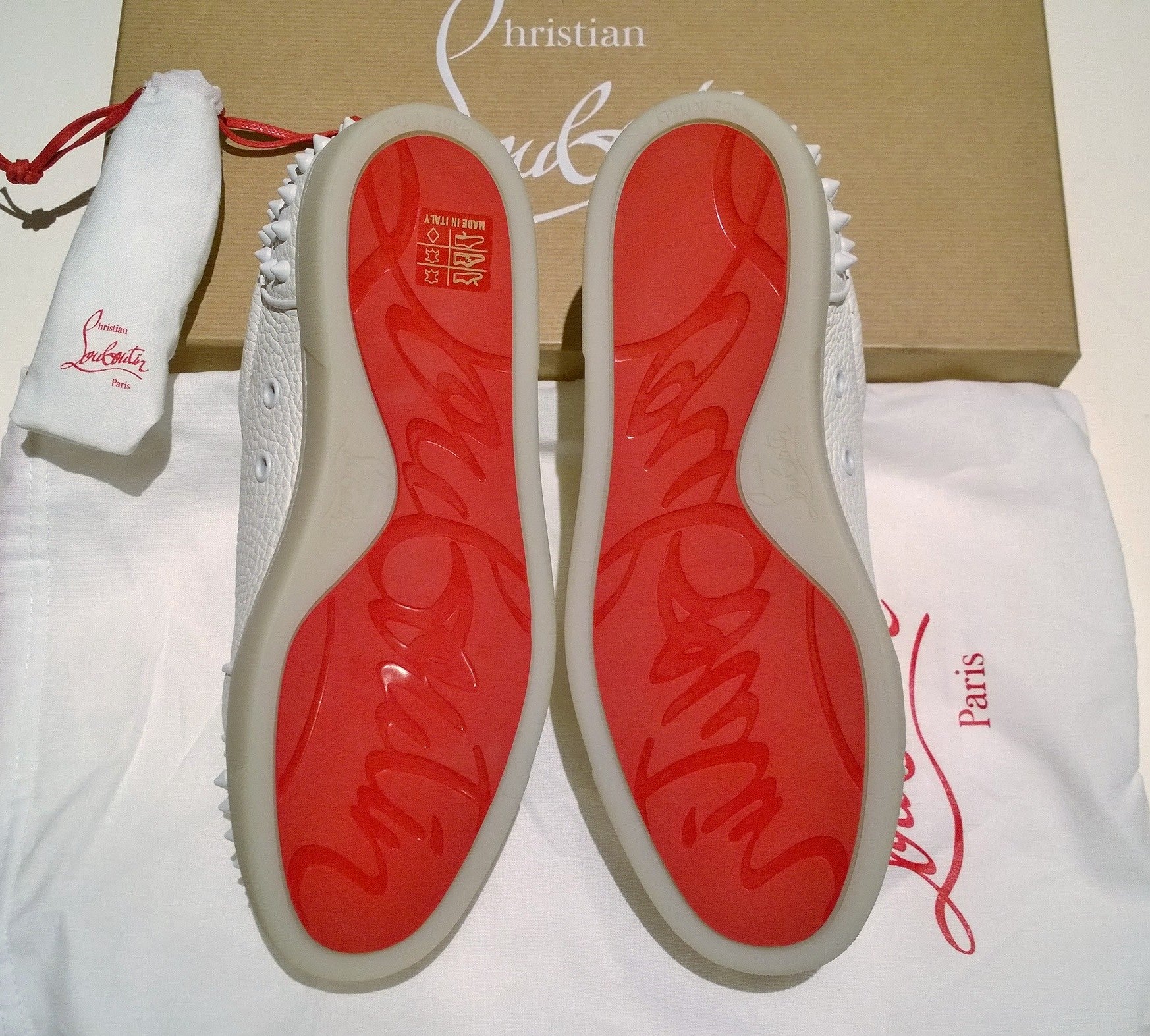 Christian Louboutin Vieira Orlato Flat White Leather Sneakers with Studs - Women's Luxury Fashion Shoes for Casual & Street Style Outfits